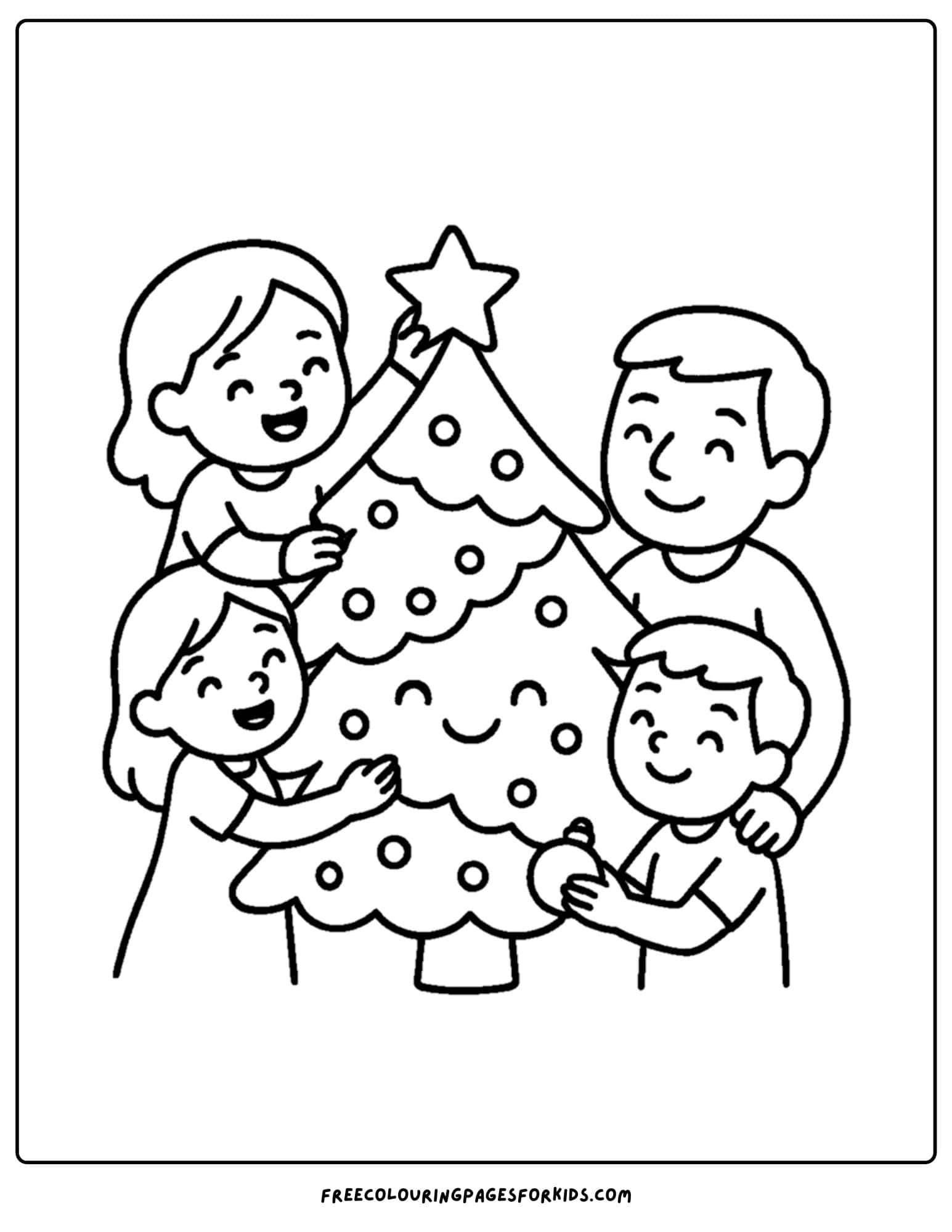 a christmas coloring page featuring a family puttin a star on the christmas tree