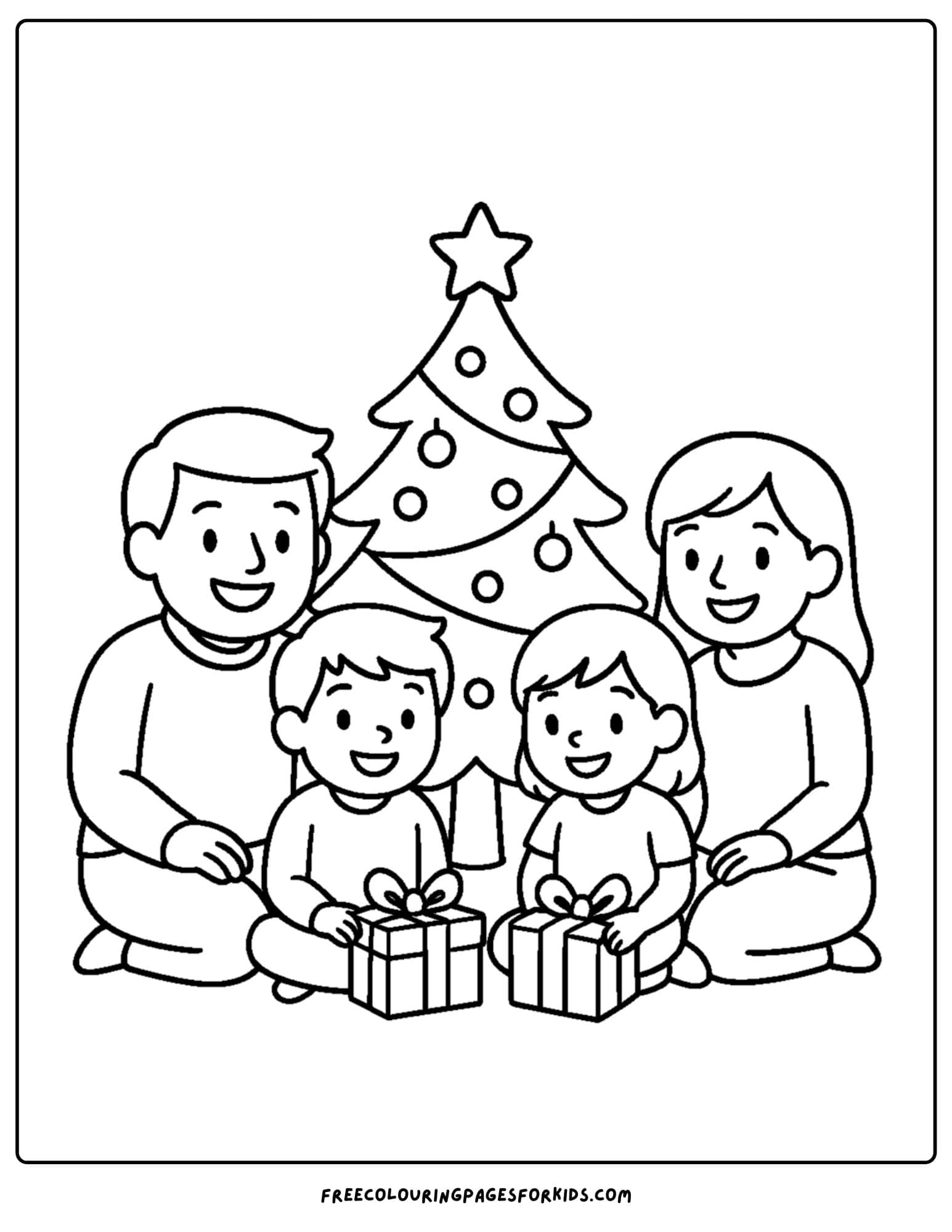 a christmas coloring page featuring a family sitting around a christmas tree