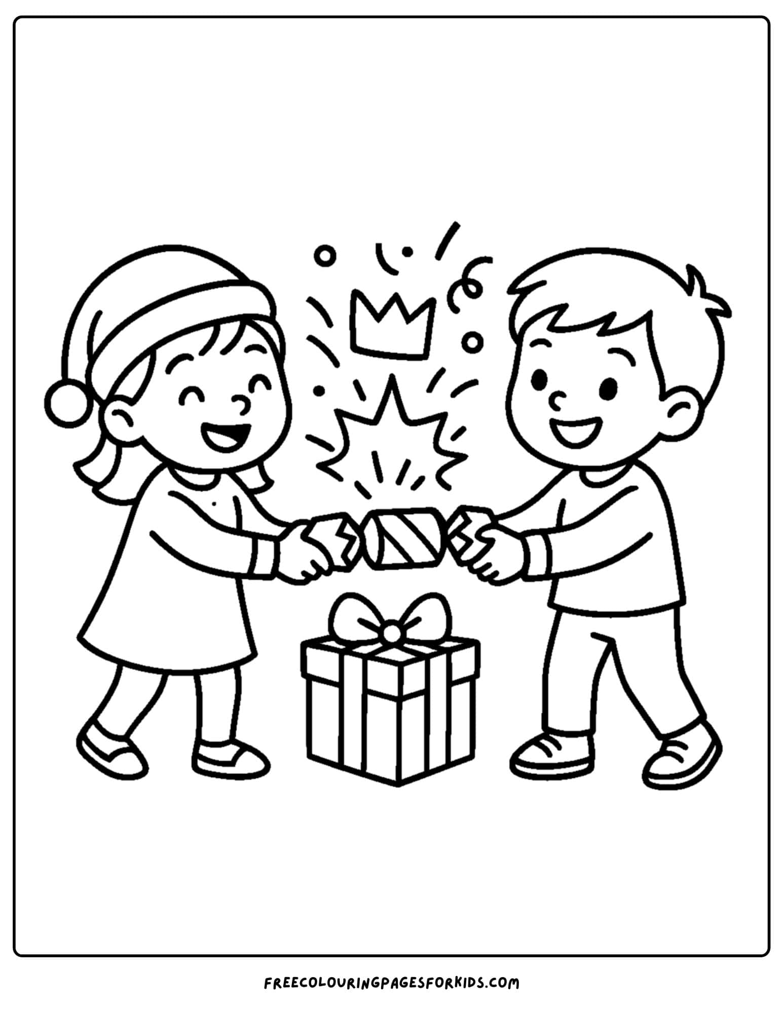 a christmas coloring page featuring kids pulling christmas crackers
