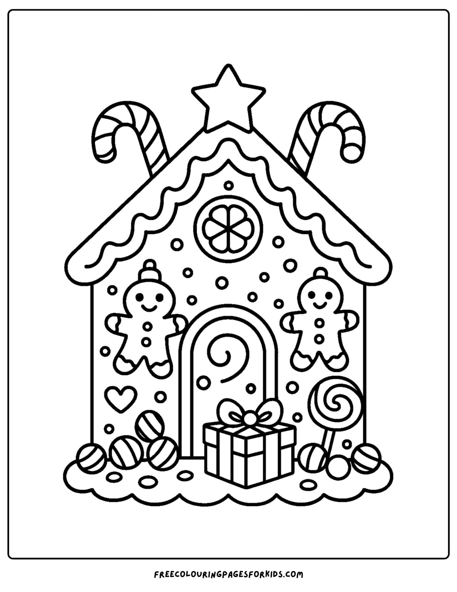 a christmas coloring page featuring a gingerbread house