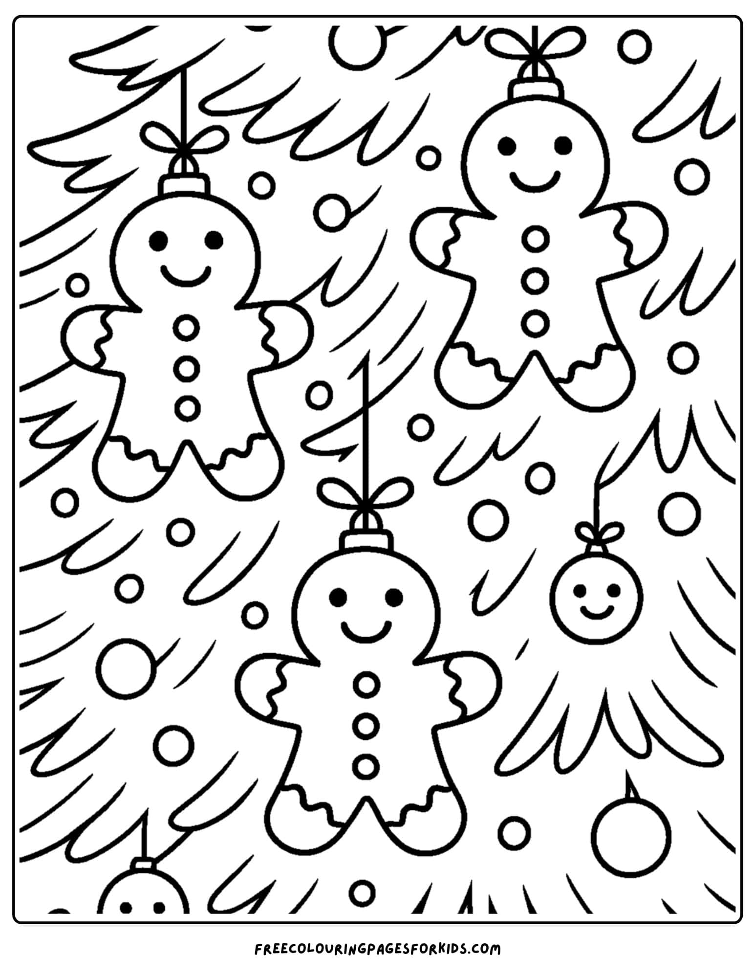 a christmas coloring page featuring gingerbread decorations on a christmas tree