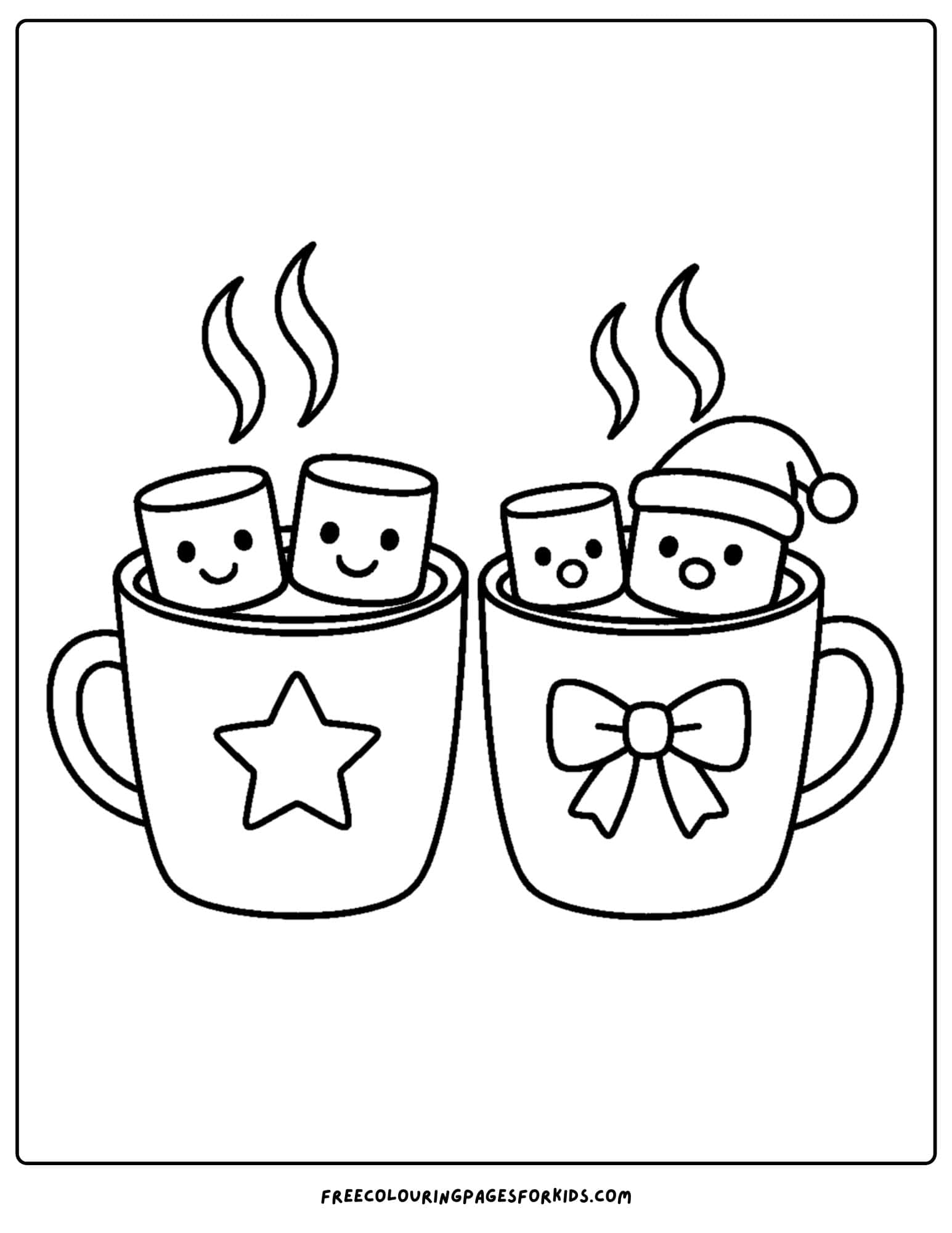 a christmas coloring page featuring two cups of hot cocoa with marshmallows
