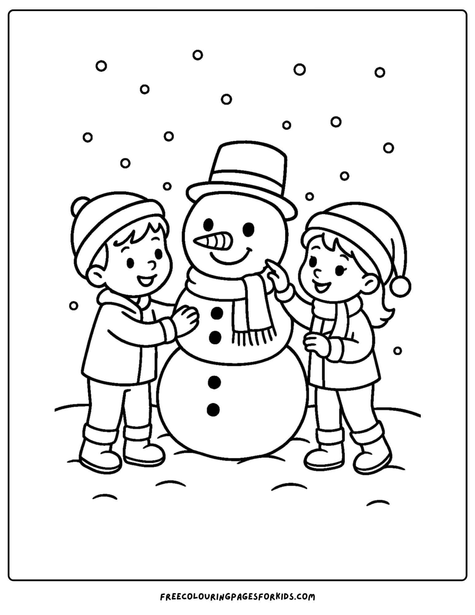 a christmas coloring page featuring kids building a snowman