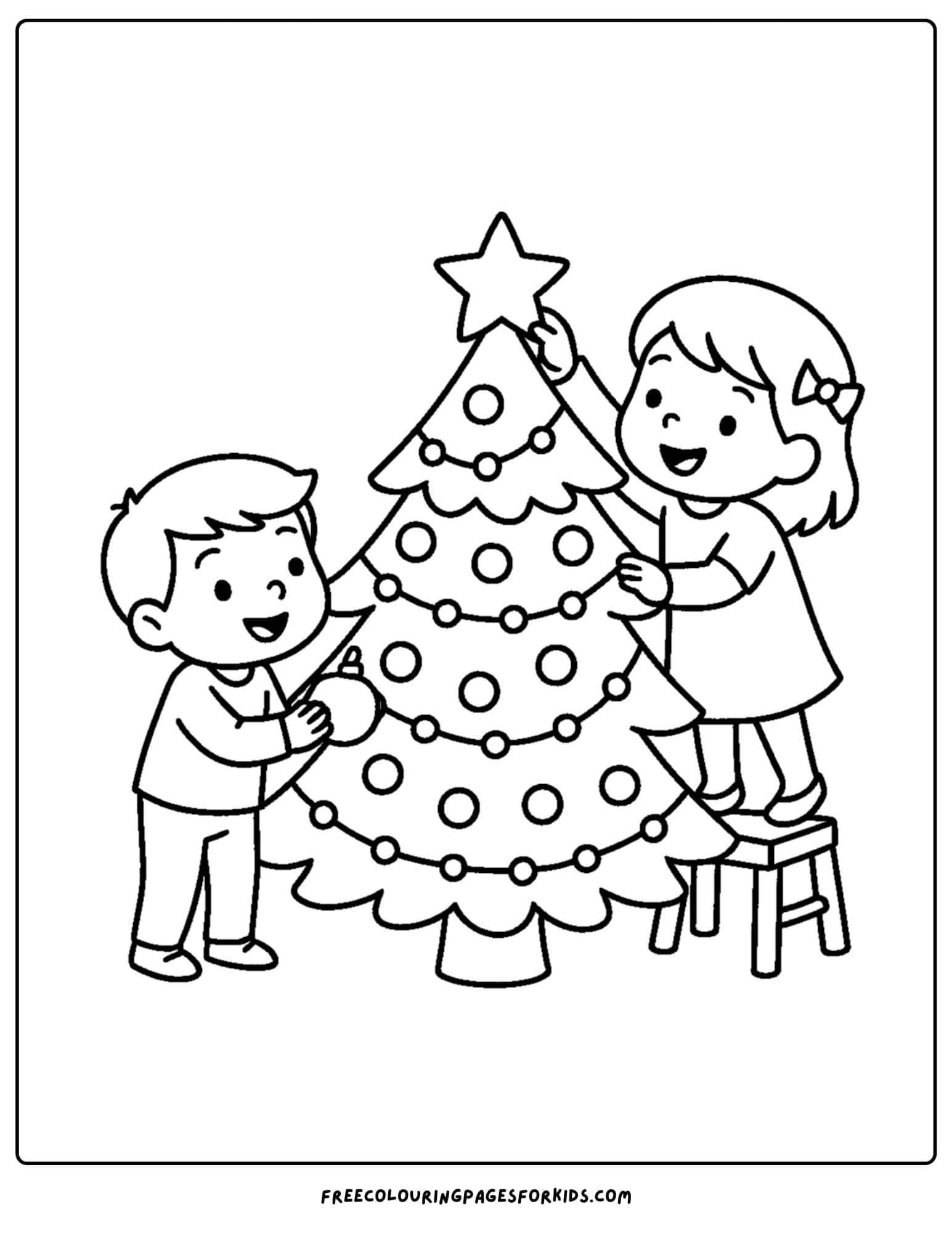 a christmas coloring page featuring kids decorating a christmas tree