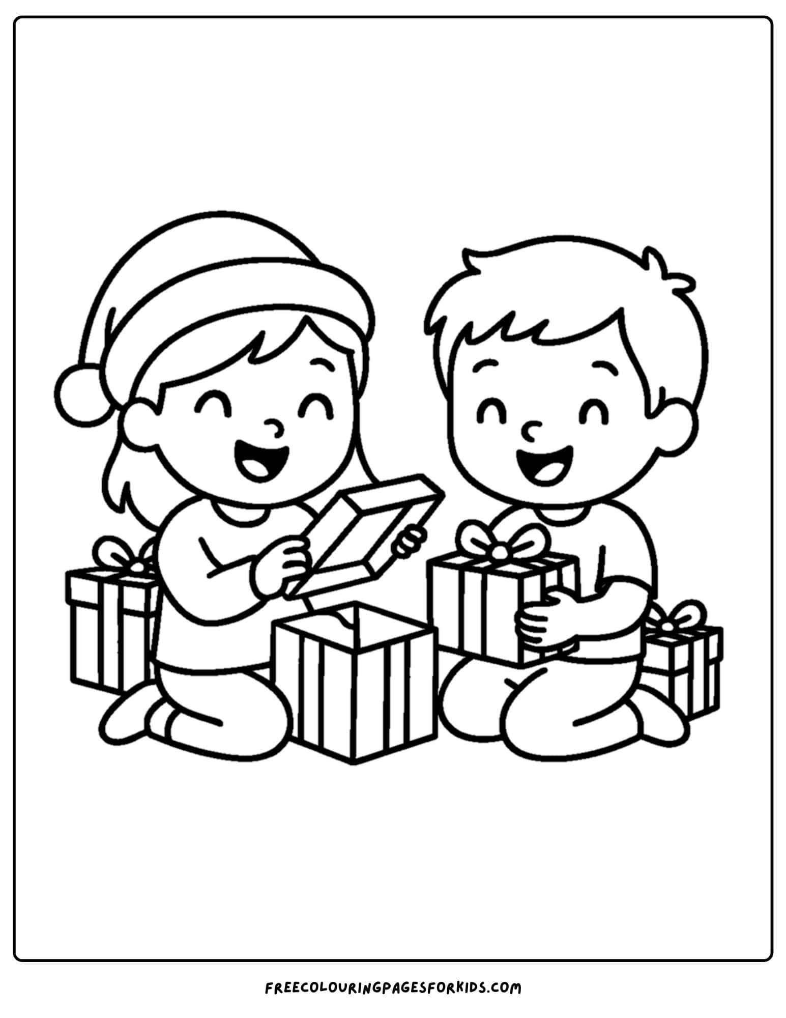 a christmas coloring page featuring children opening presents on christmas day