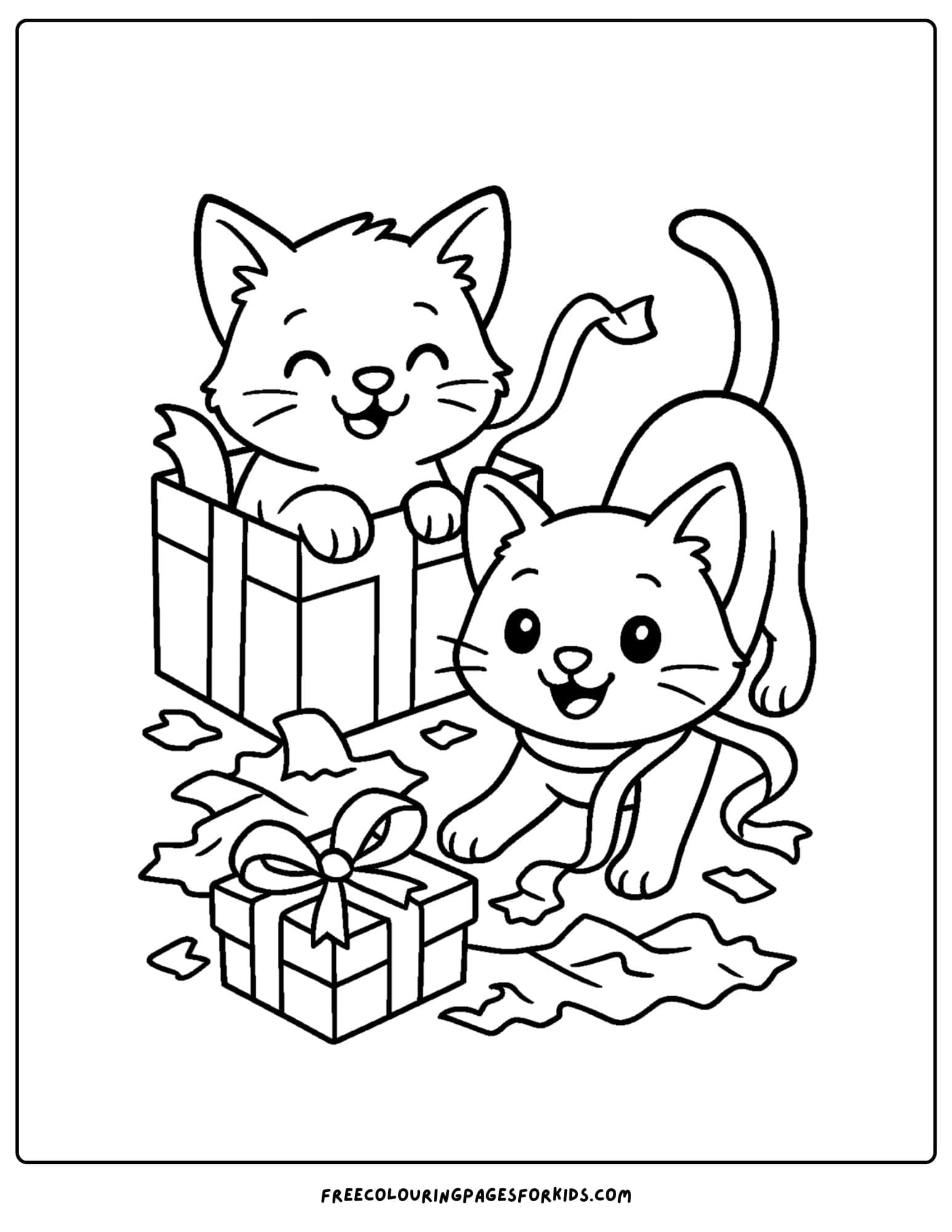 a christmas coloring page featuring two kittens playing in wrapping paper