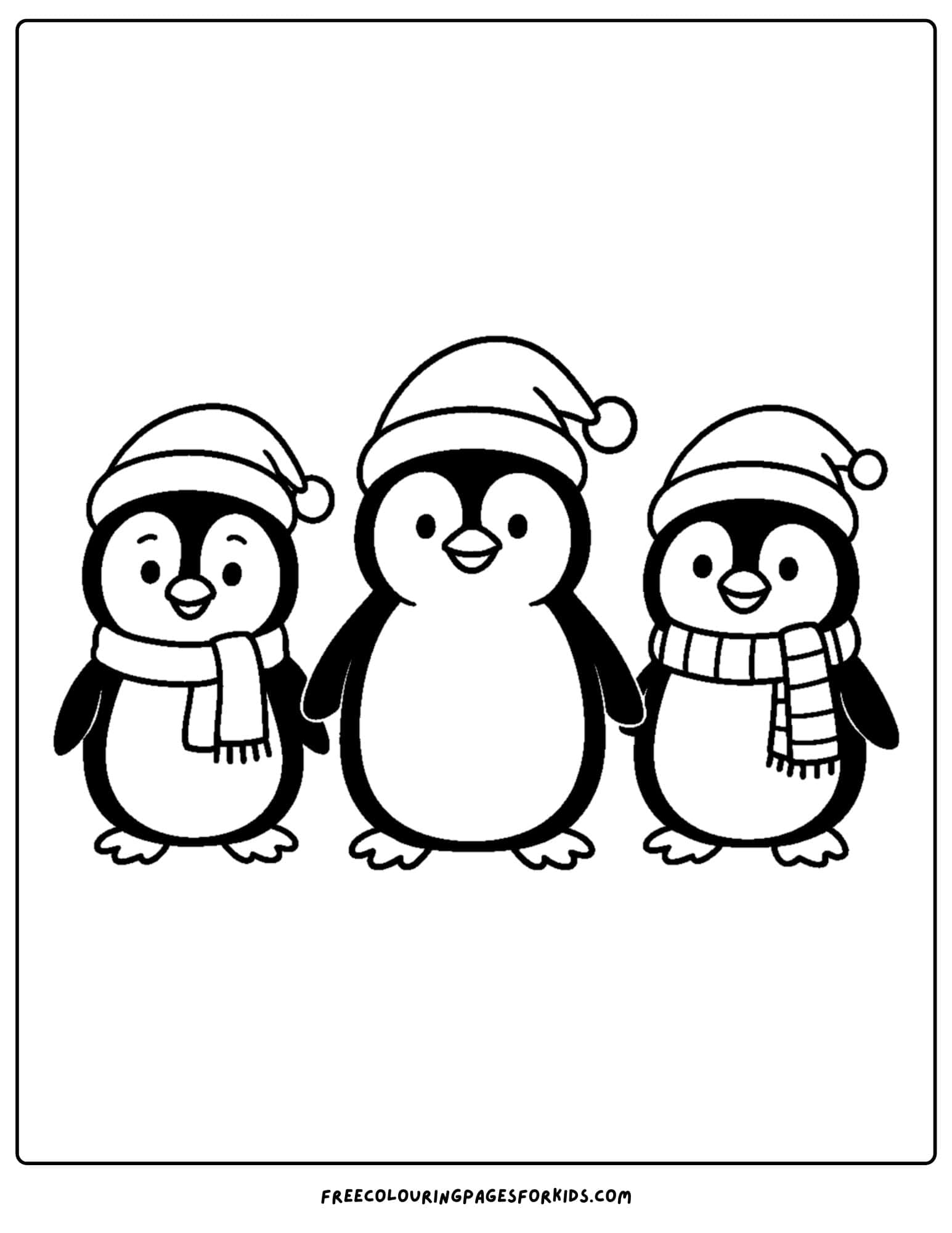 a christmas coloring page featuring penguins with christmas hats
