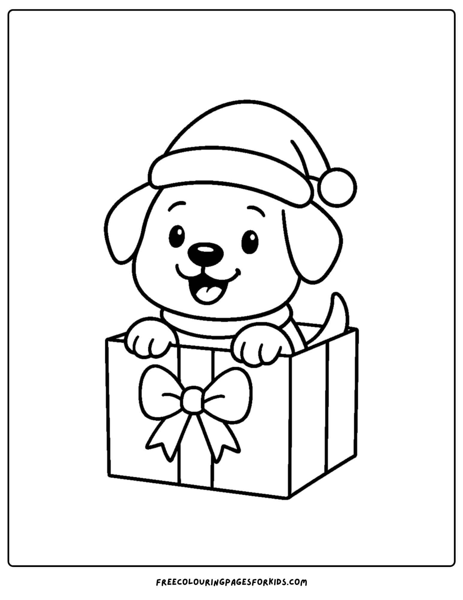 a christmas coloring page featuring a puppy in a christmas gift box