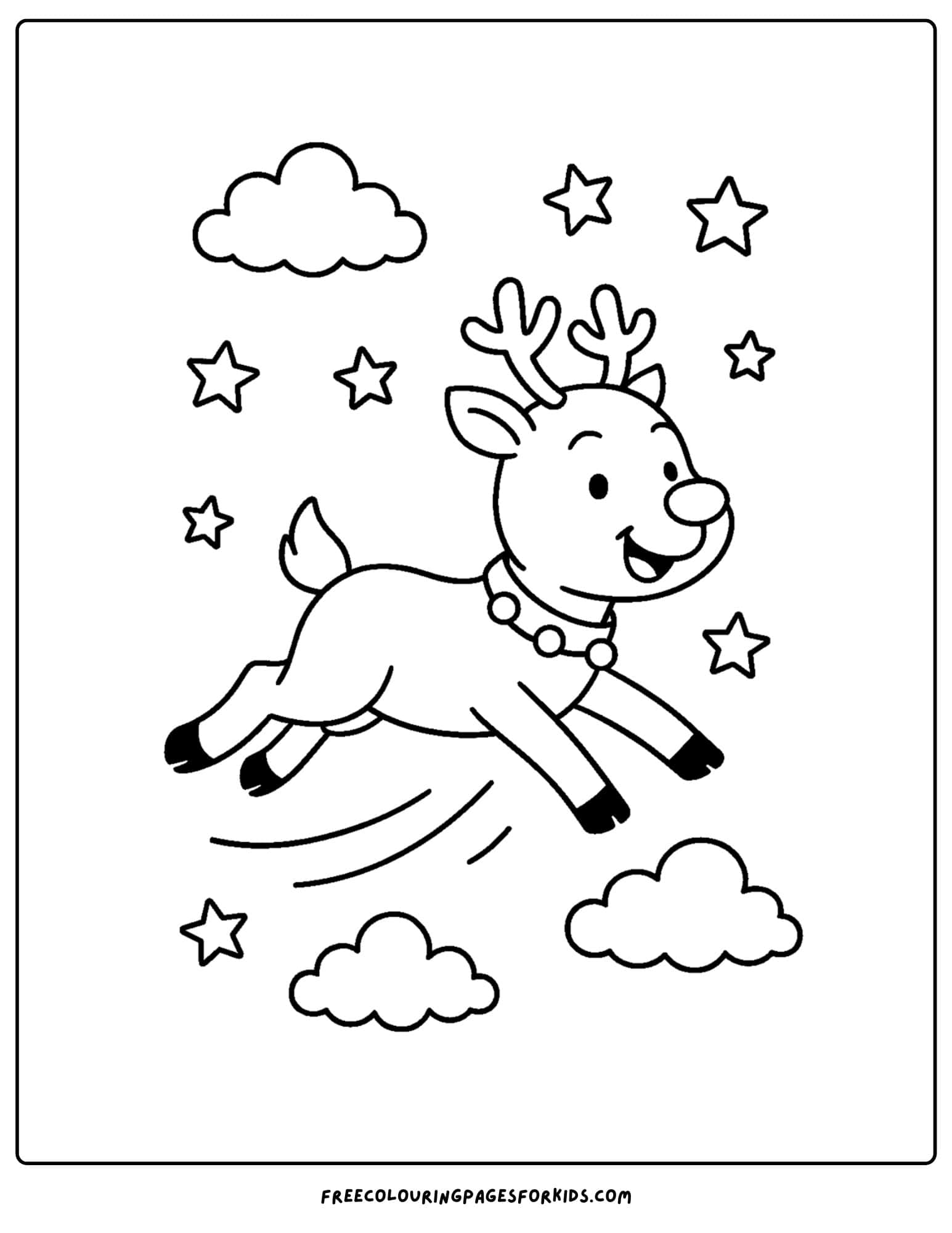 a christmas coloring page featuring a reindeer flying in the sky