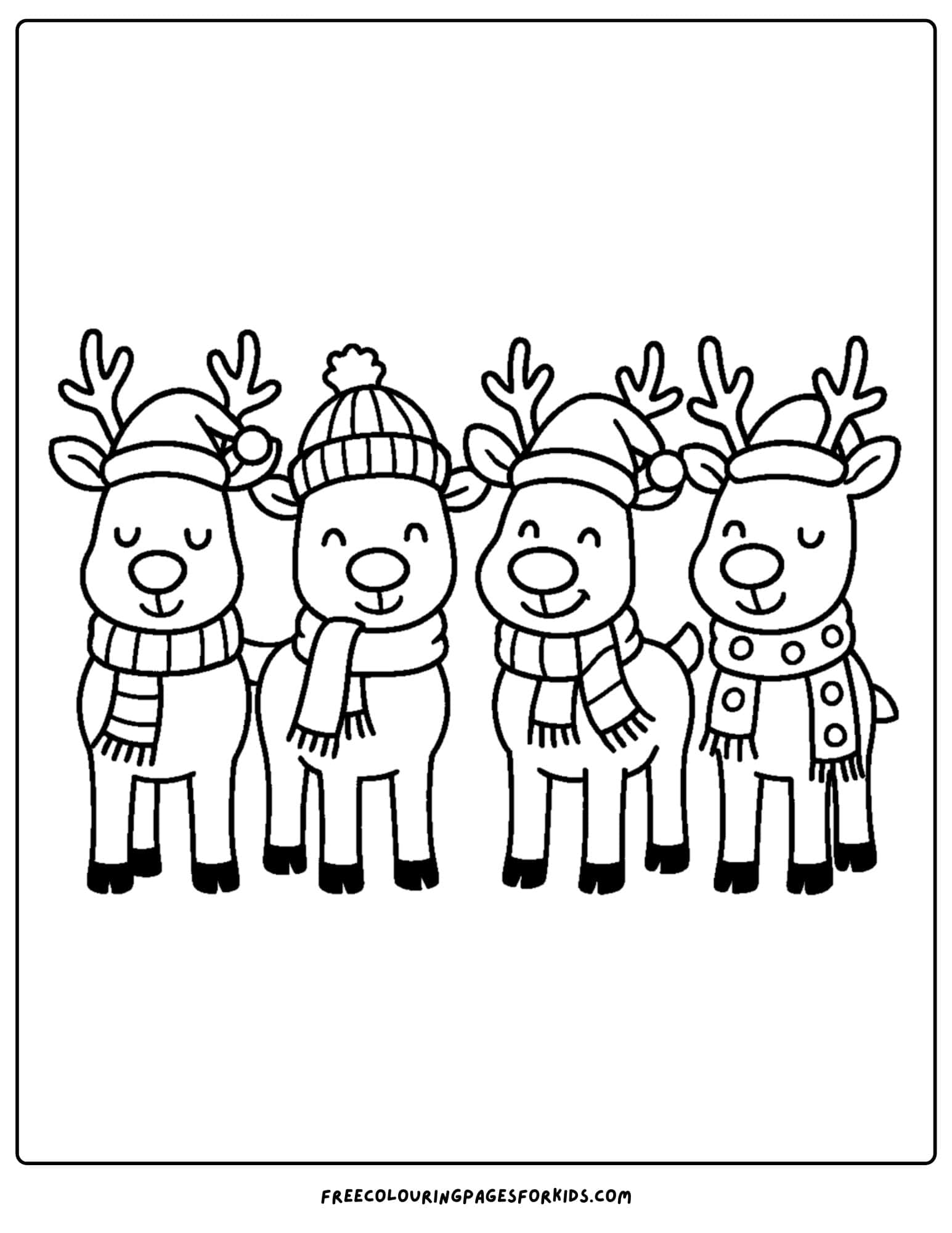 a christmas coloring page featuring reindeer wearing scarves