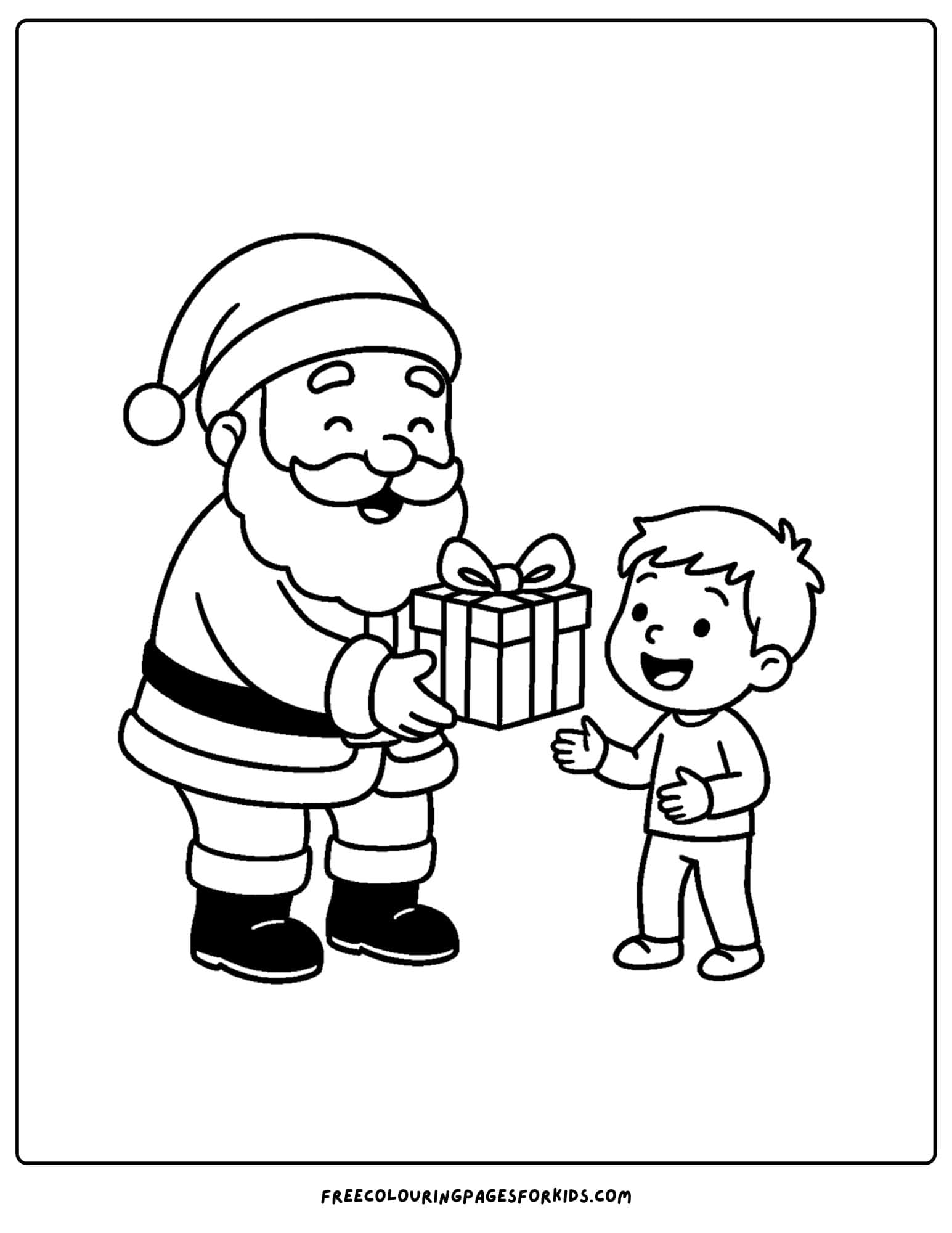 a christmas coloring page featuring santa giving a gift to a child