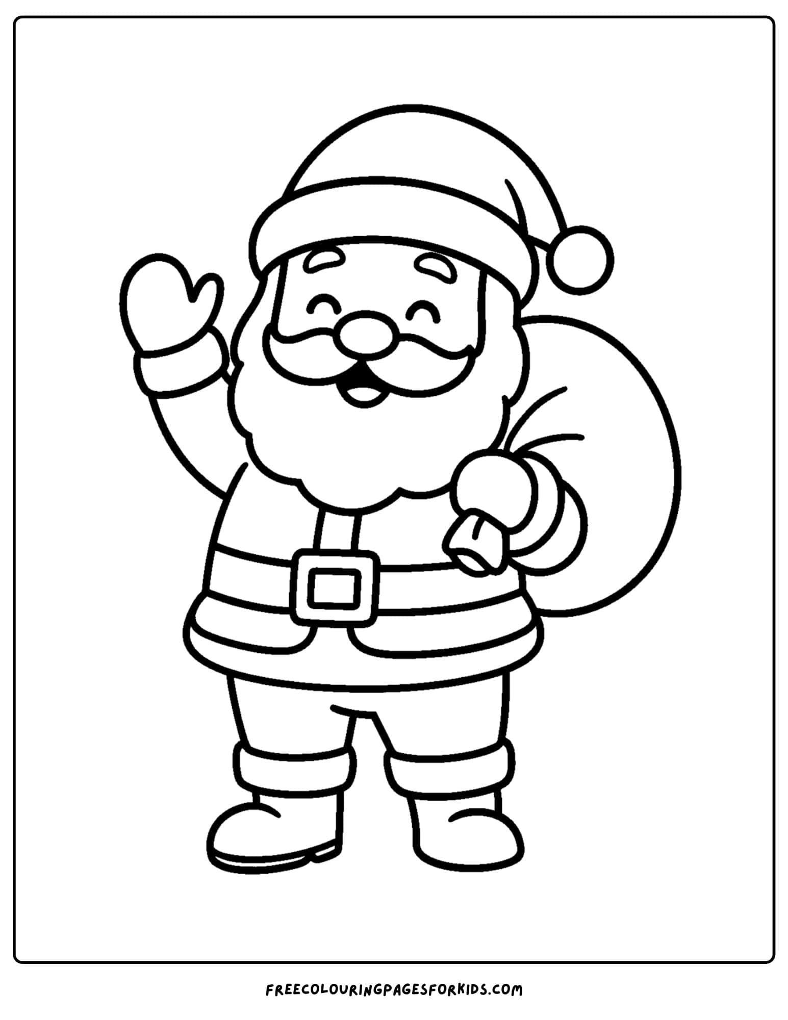 a christmas coloring page featuring santa waving and holding a sack of presents