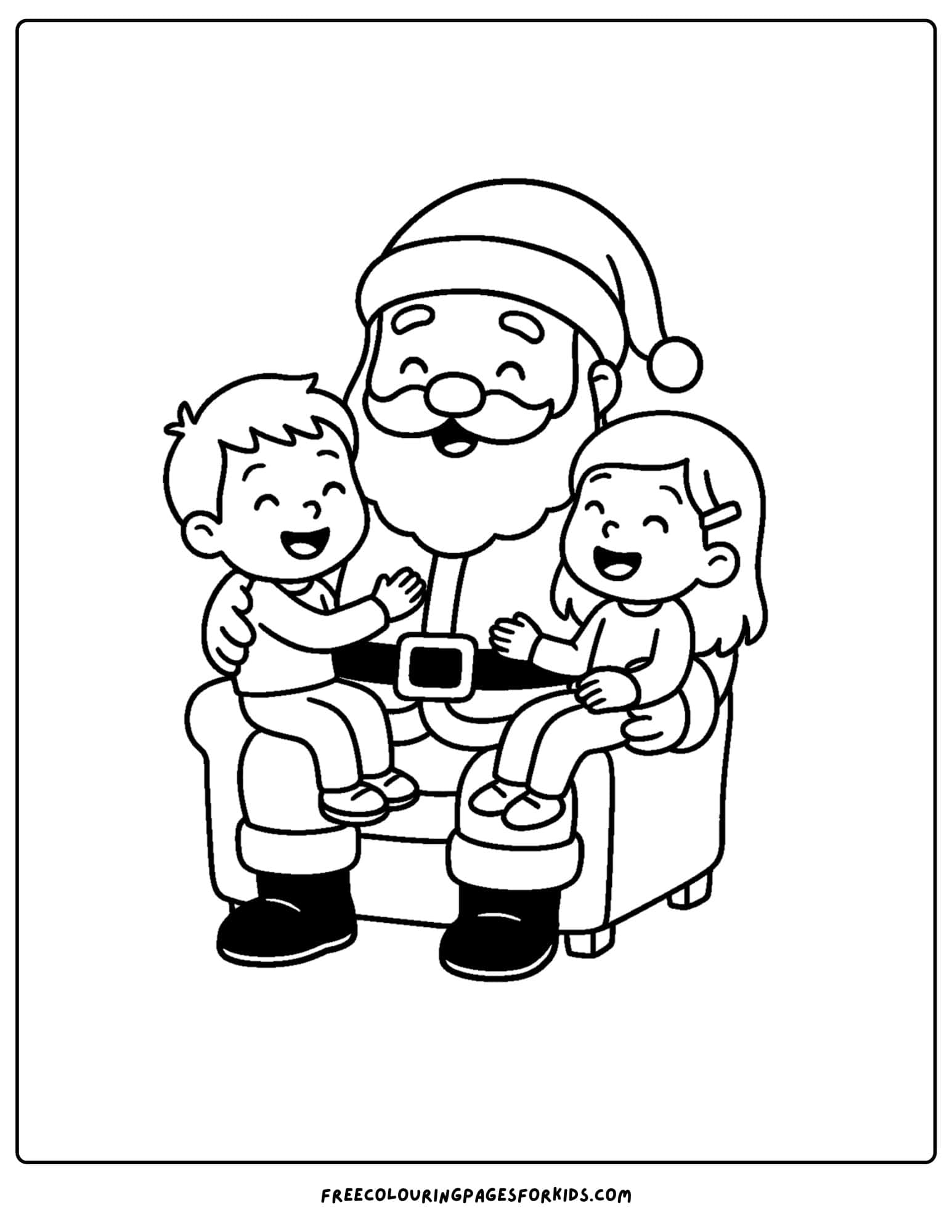 a christmas coloring page featuring two kids sitting with santa giving their christmas wish list