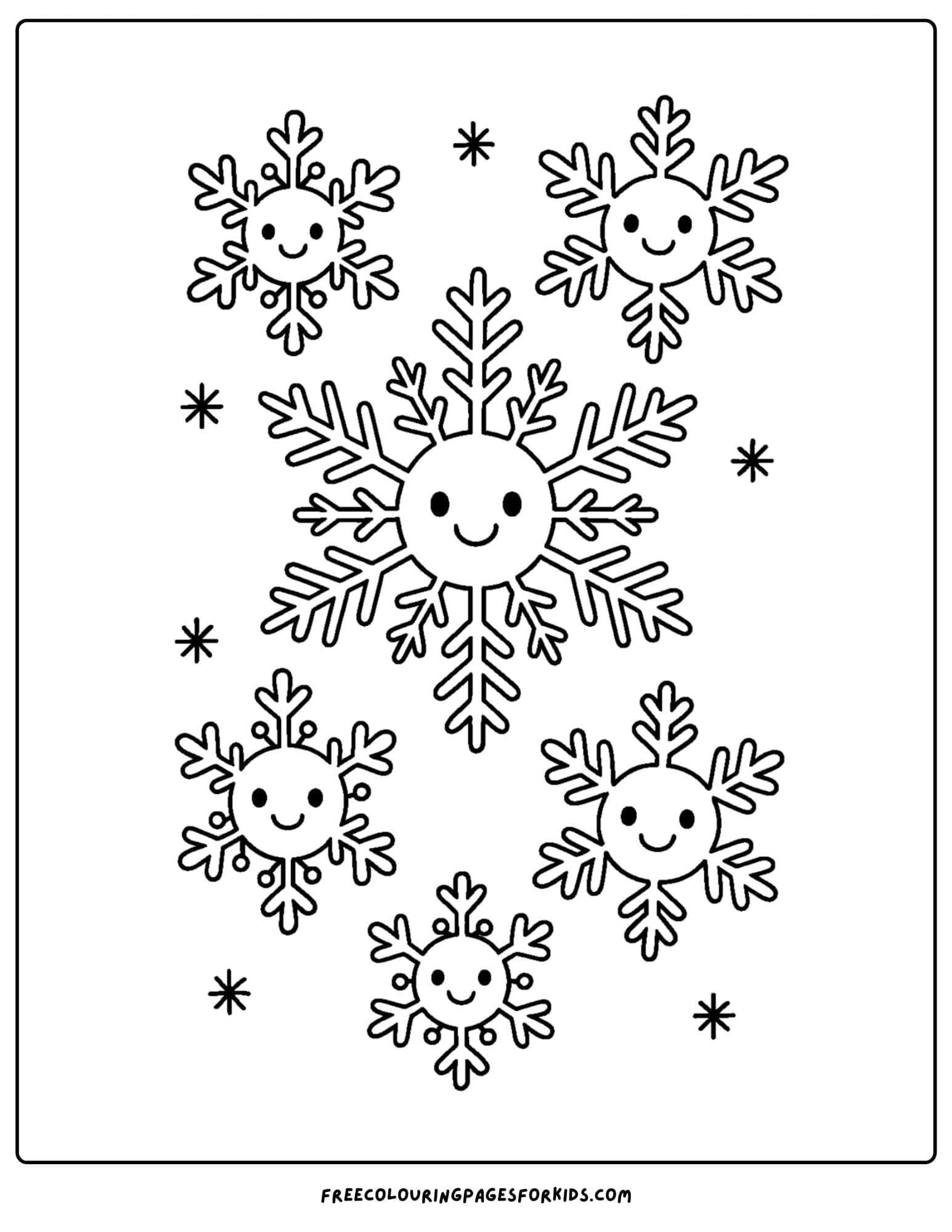a christmas coloring page featuring a smiling snowflakes