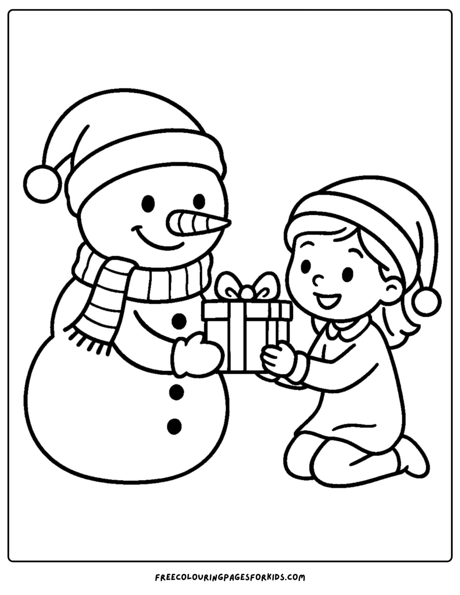 a christmas coloring page featuring a snowman giving a gift to a child