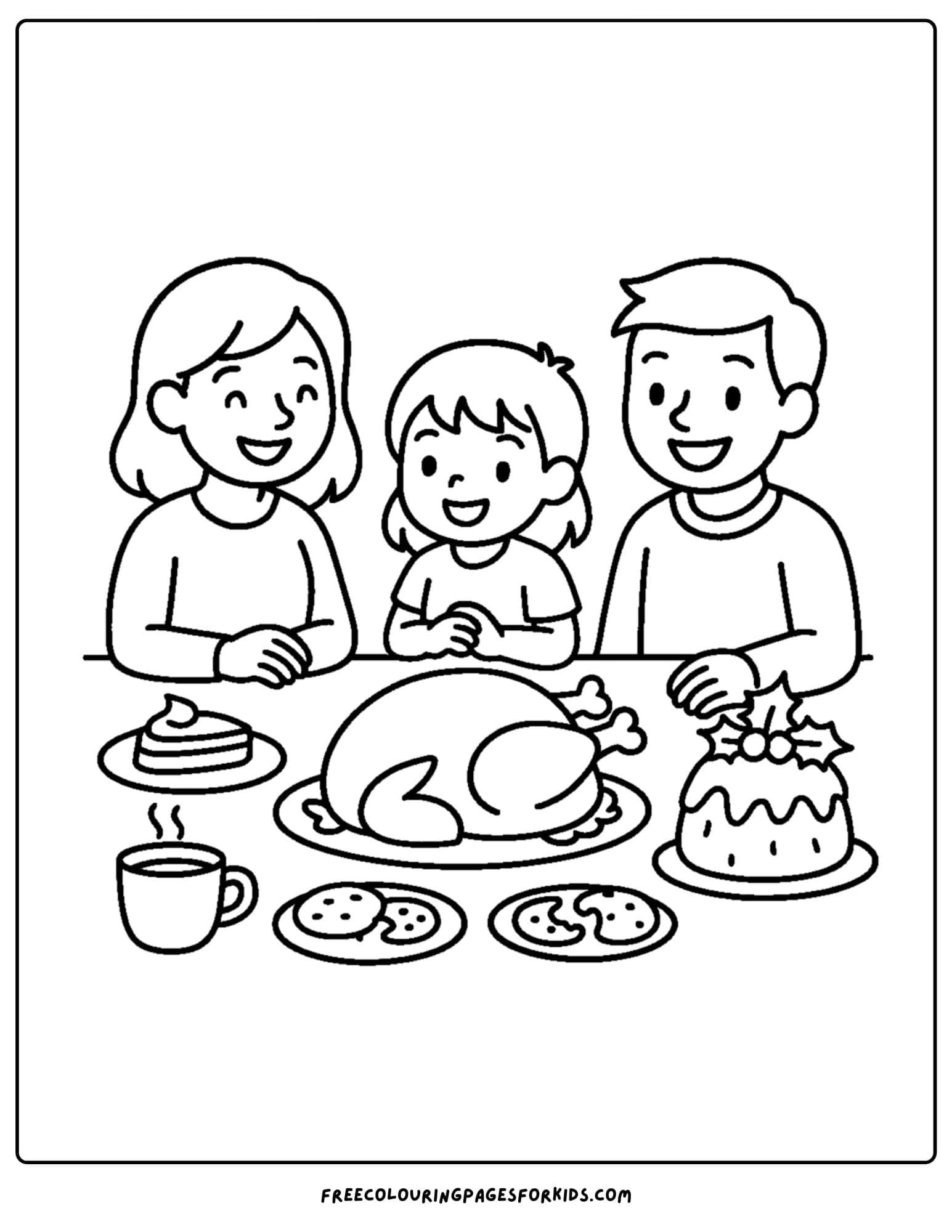 a christmas coloring page featuring a christmas festive meal with family around the table
