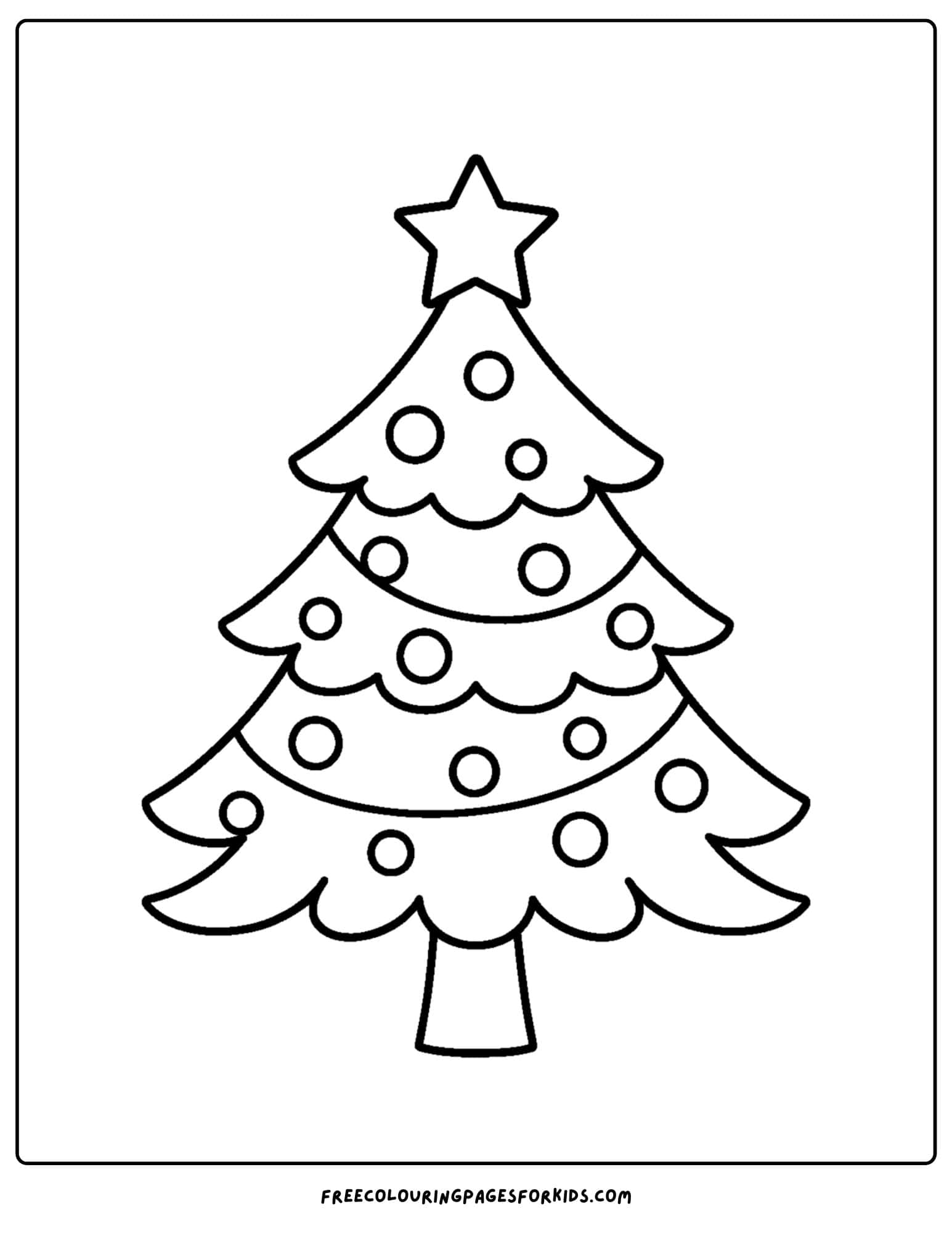 a christmas coloring page featuring a christmas tree with decorations and a star on top