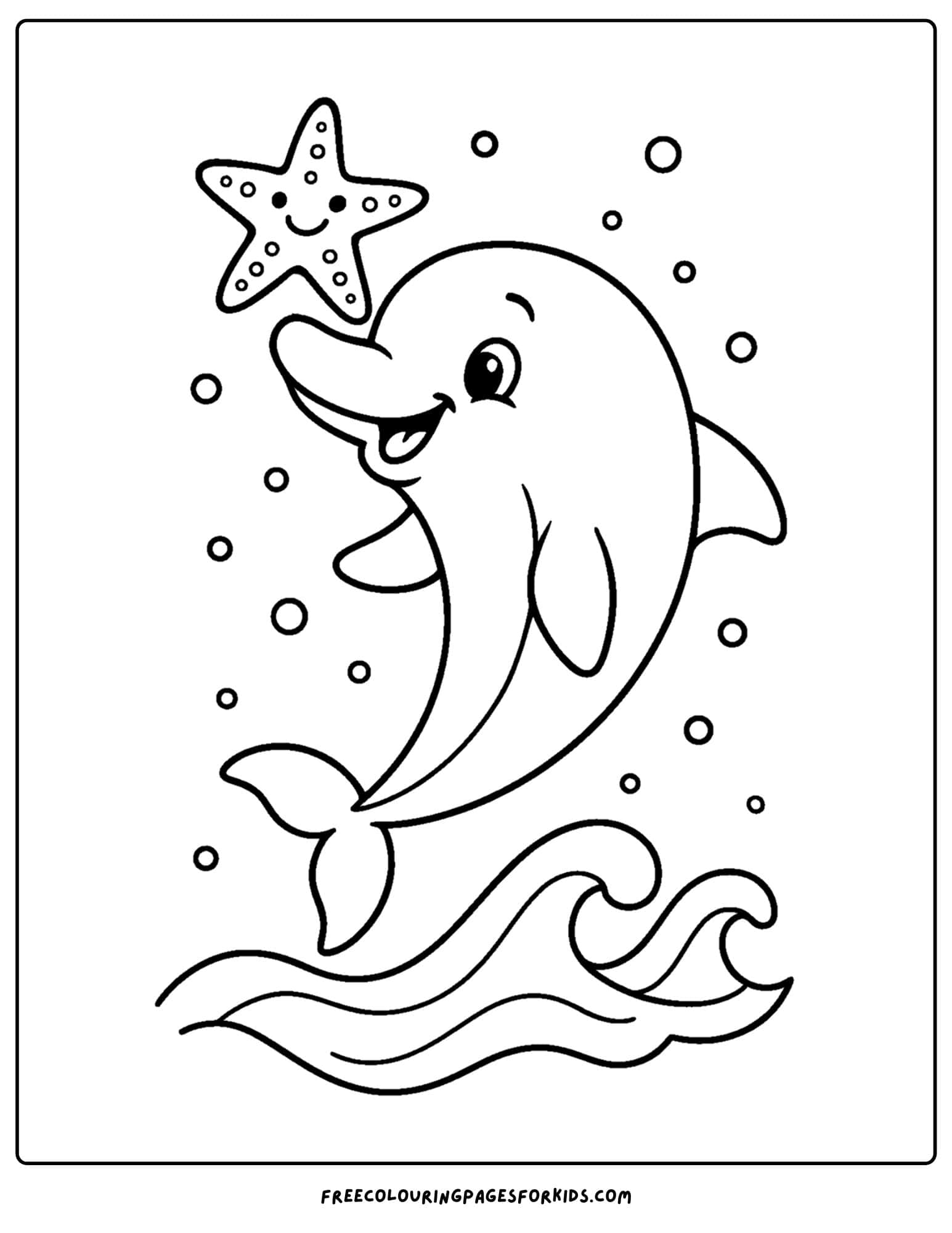 a dolphin coloring page featuring a dolphin balancing a starfish on its nose
