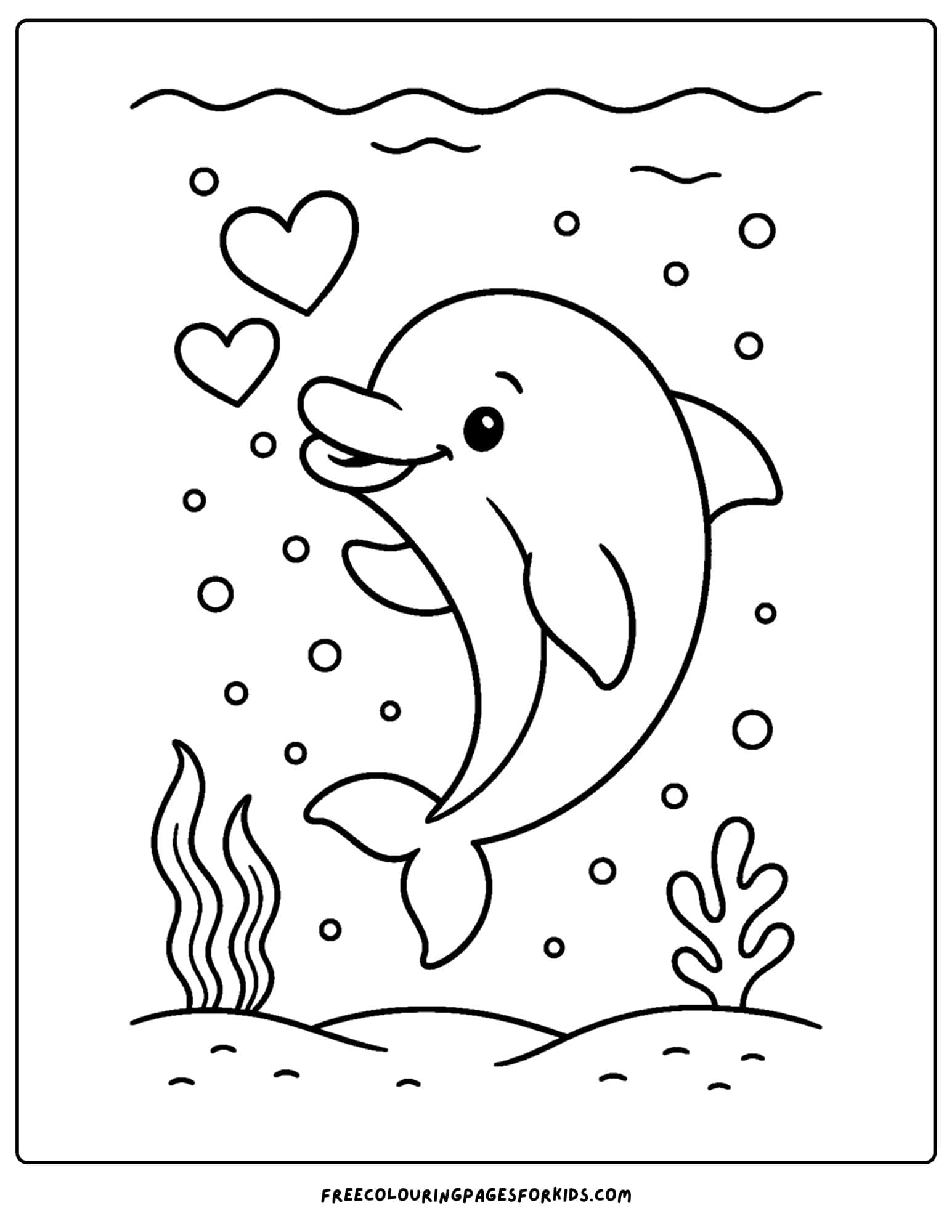 a dolphin coloring page featuring a dolphin blowing heart shaped bubbles
