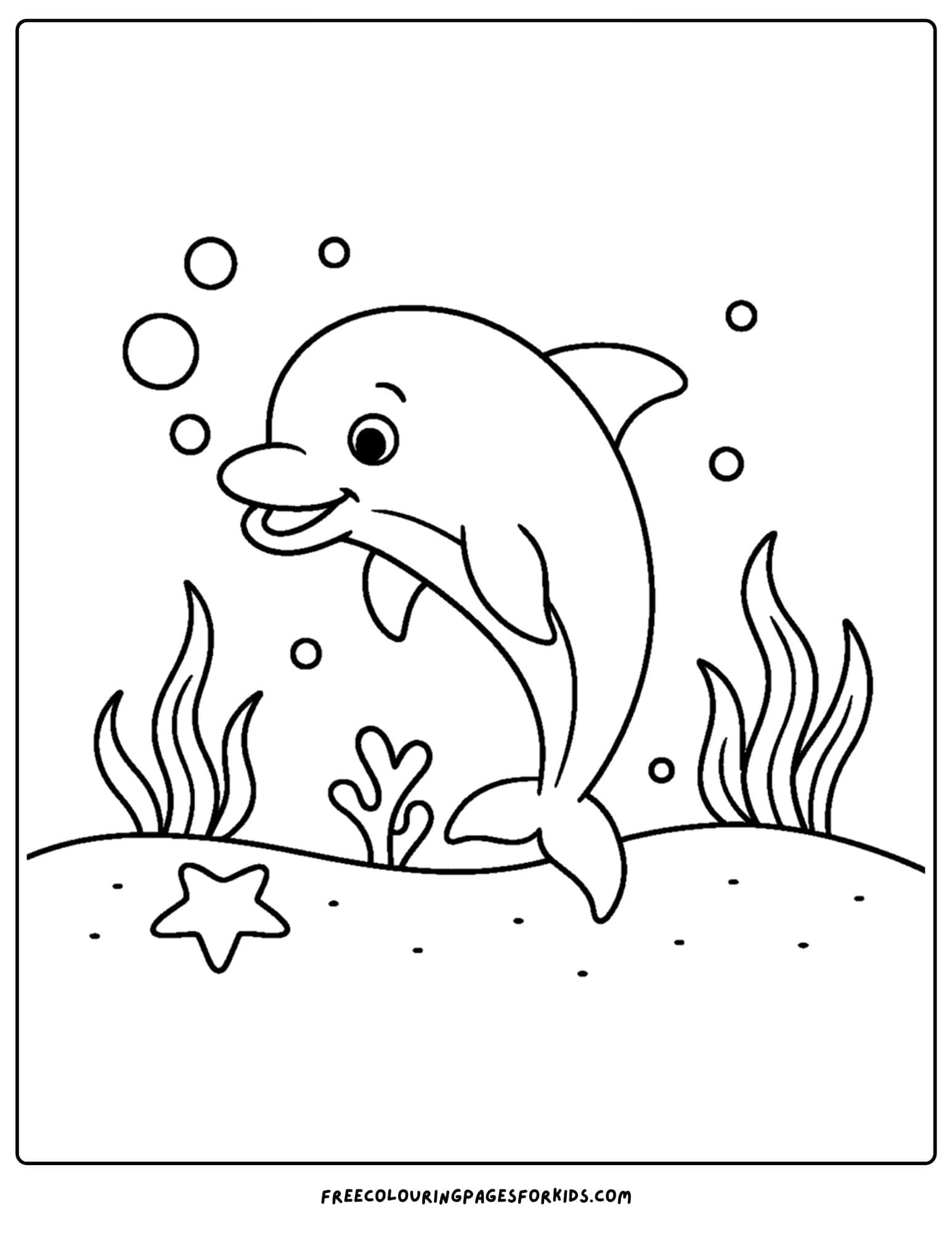 a dolphin coloring page featuring a dolphin blowing bubbles underwater