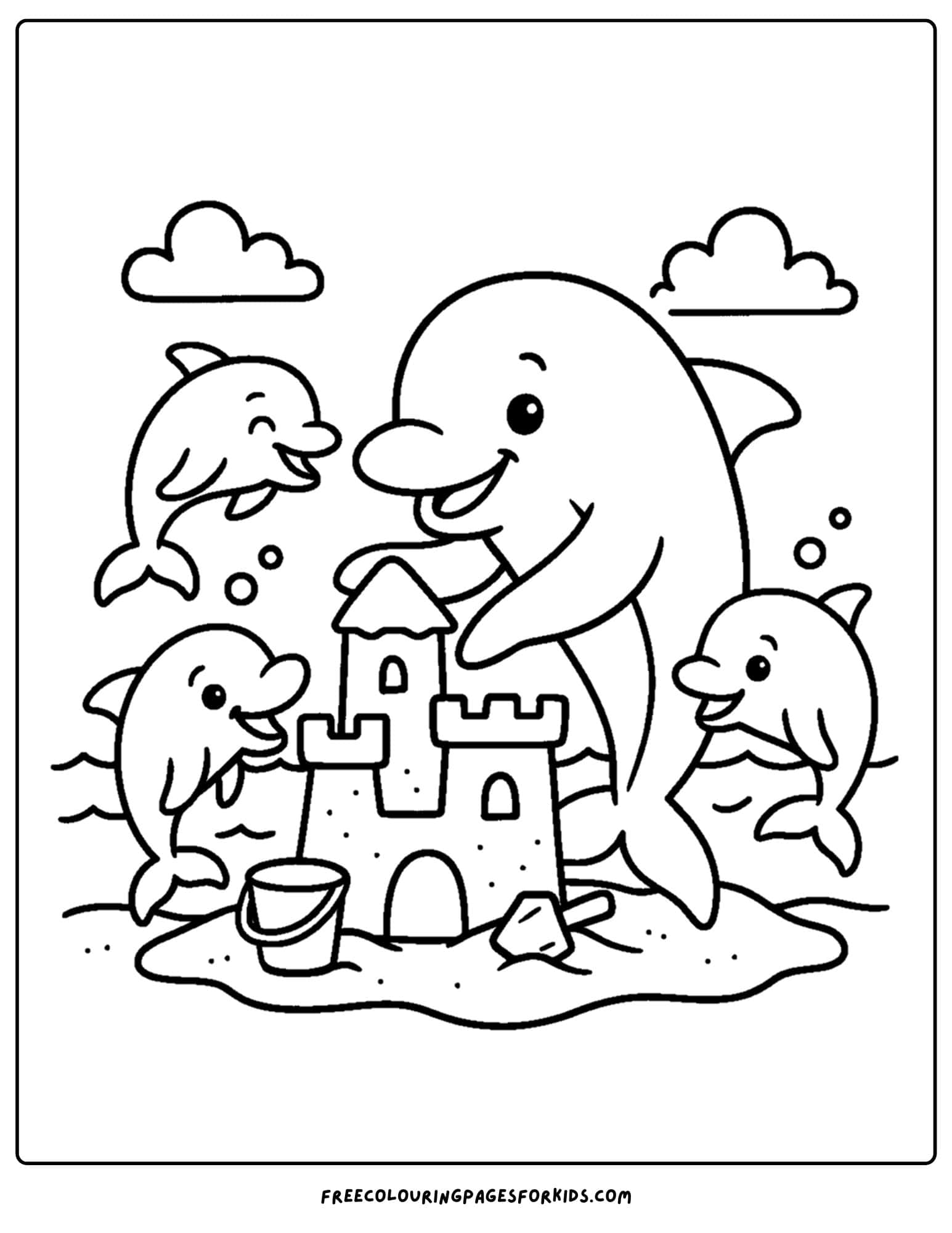 a dolphin coloring page featuring a dolphin family making a sandcastle