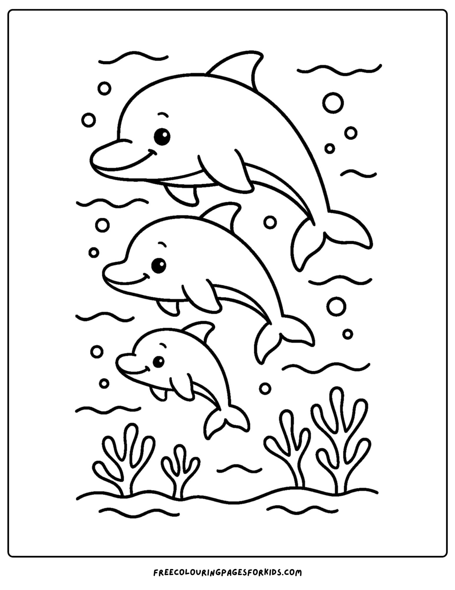 a dolphin coloring page featuring a dolphin family swimming together
