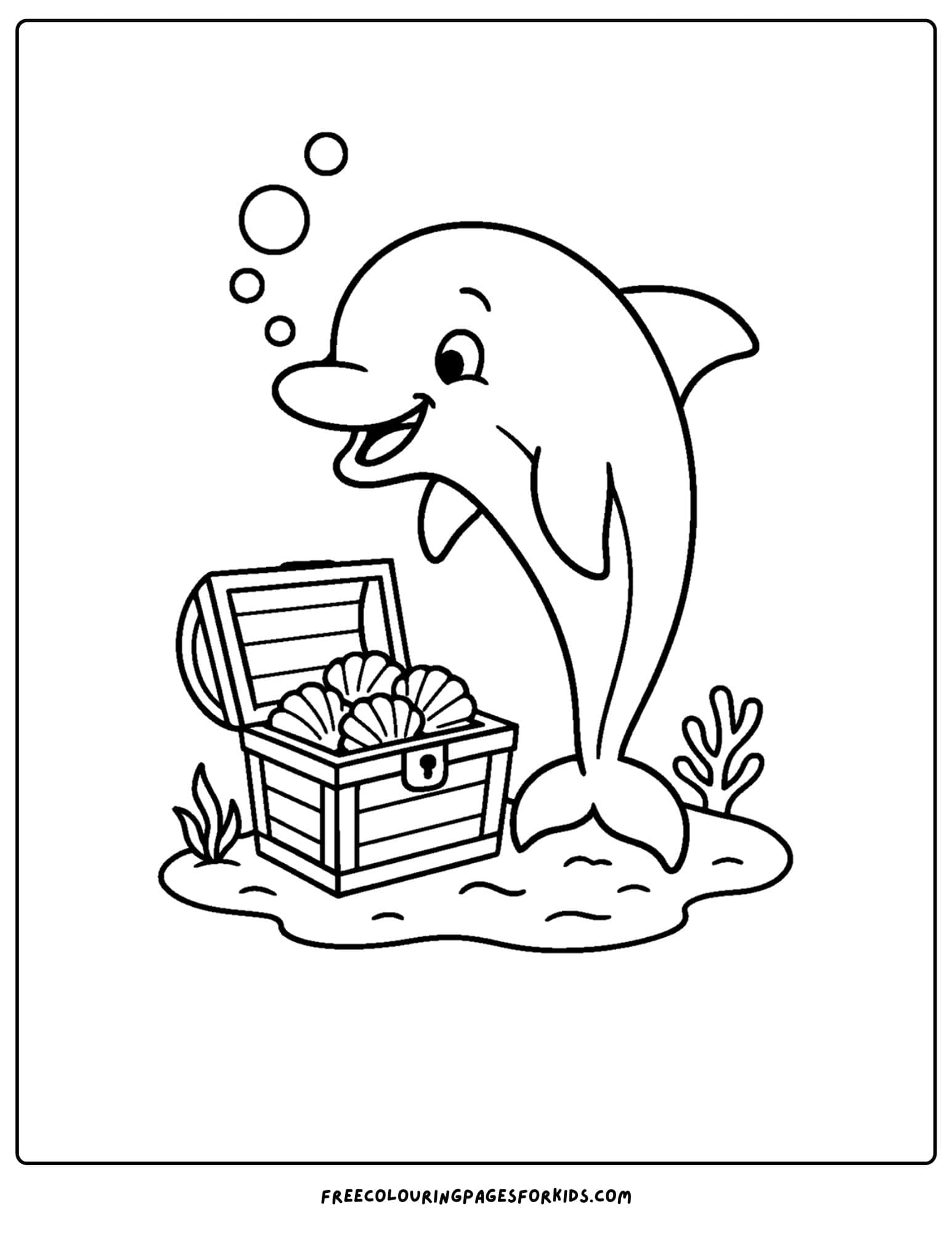 a dolphin coloring page featuring a dolphin finding a treasure chest full of shells