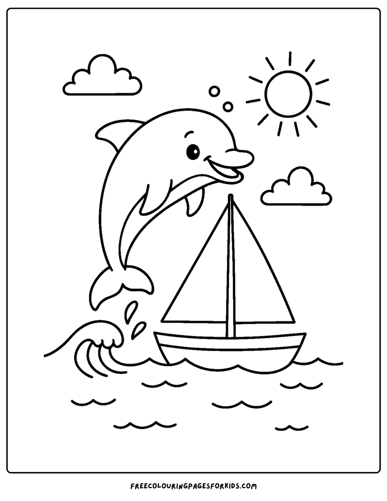 a dolphin coloring page featuring a dolphin jumping near a boat