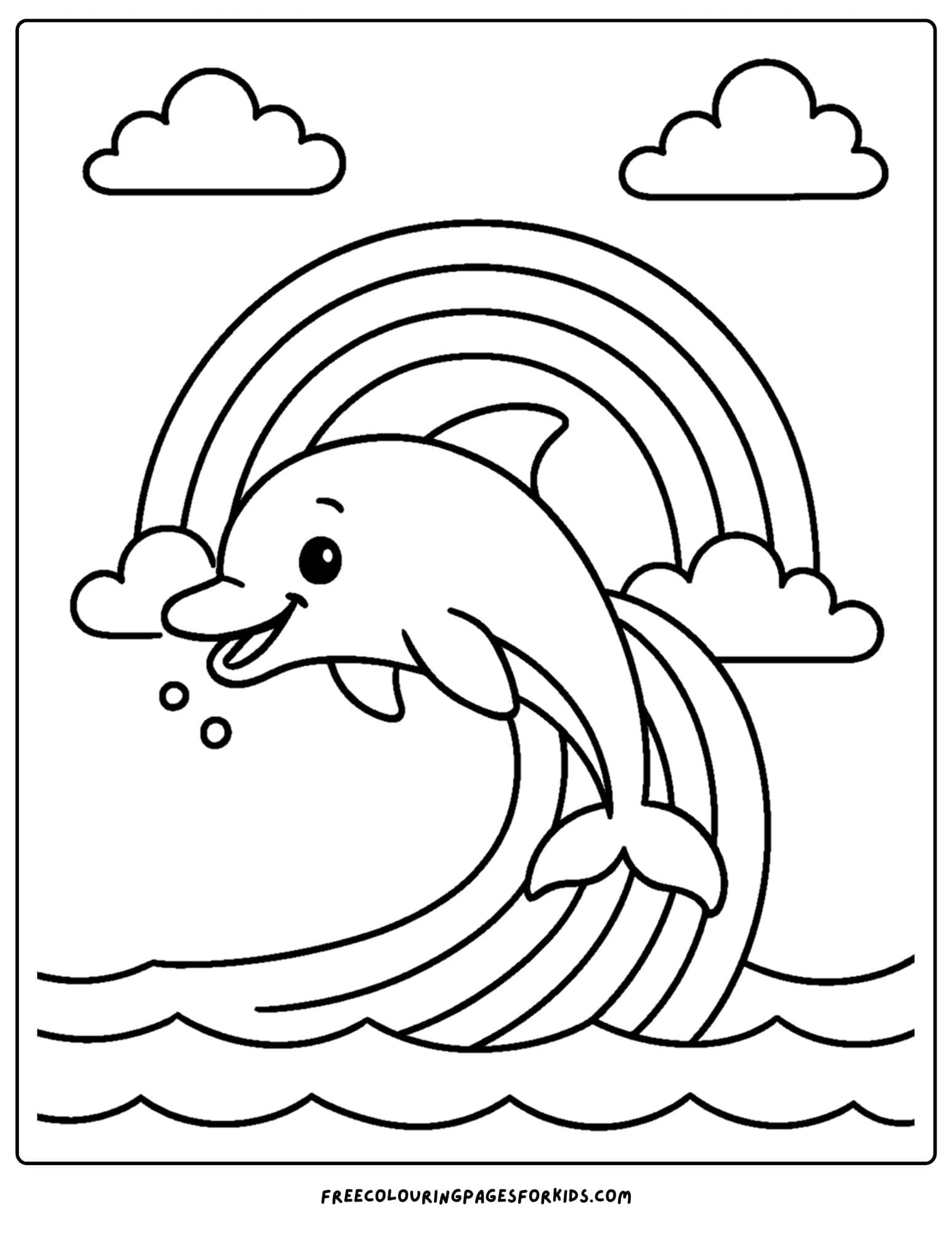 a dolphin coloring page featuring a dolphin trying to jump over a rainbow