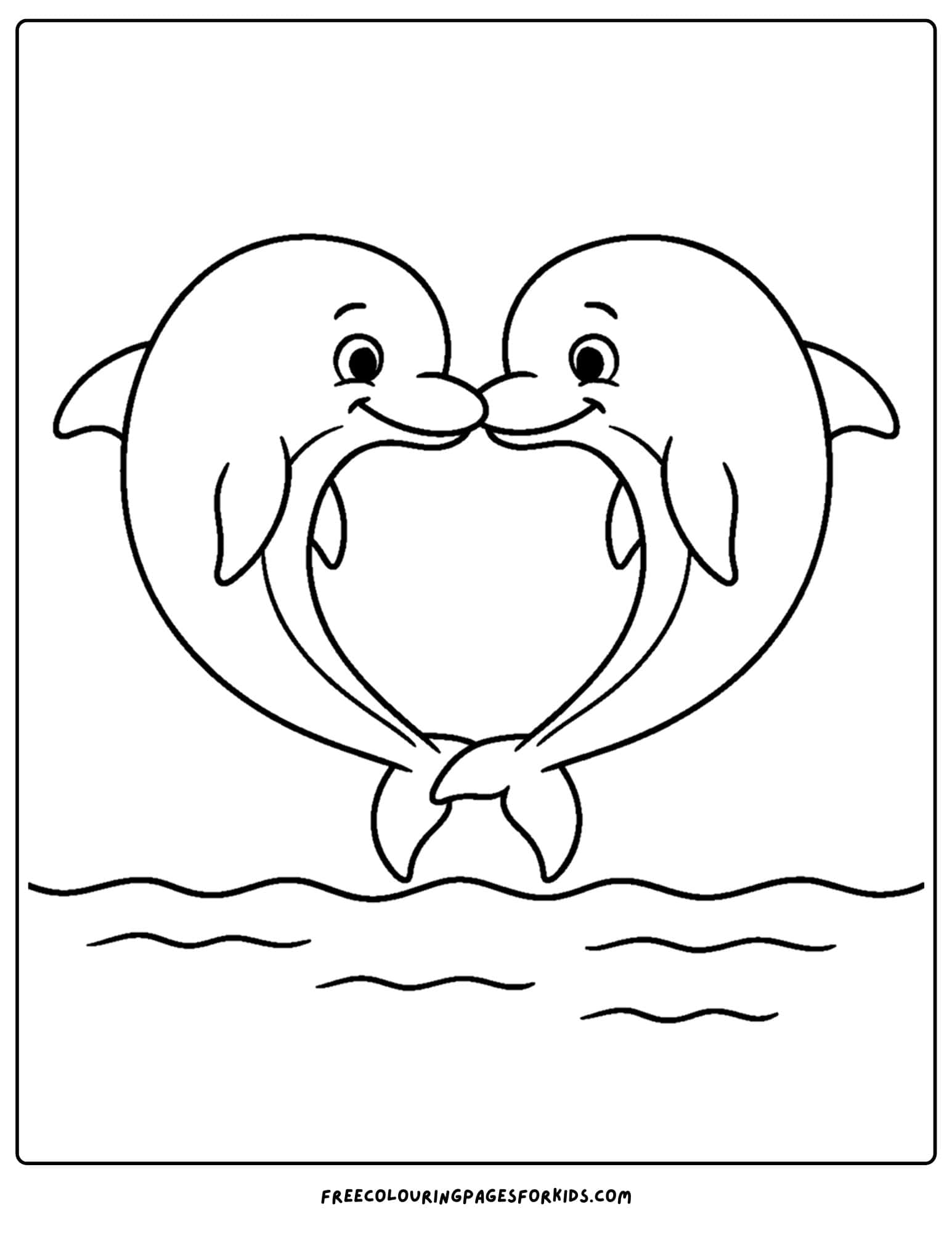 a dolphin coloring page featuring a dolphin with another dolphin making a heart shape together