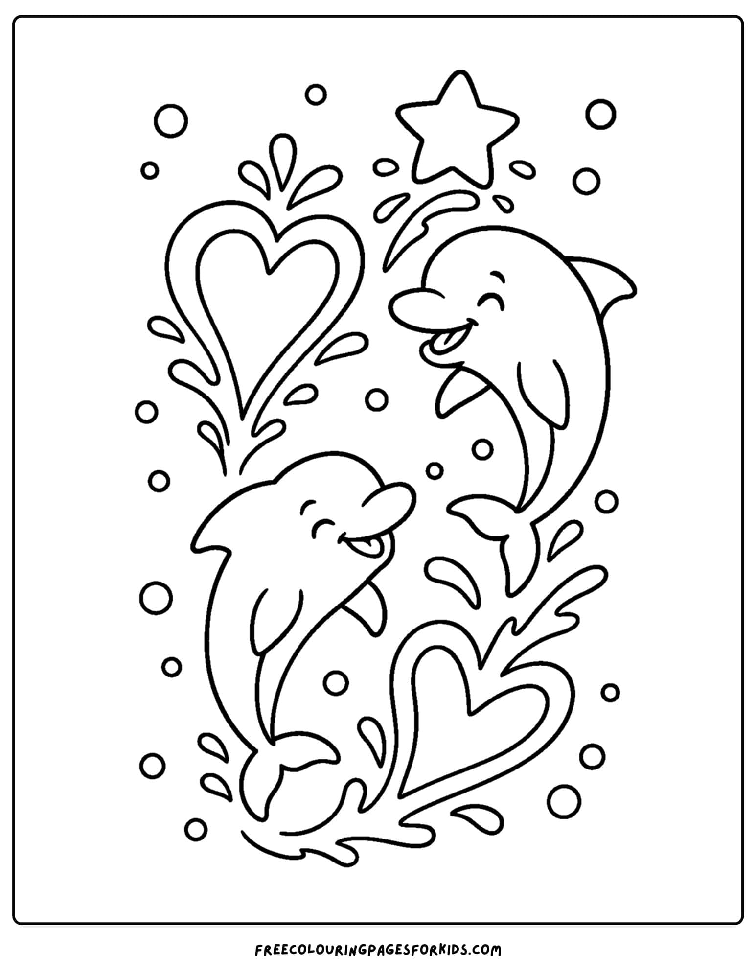 a dolphin coloring page featuring dolphins making heart shapes
