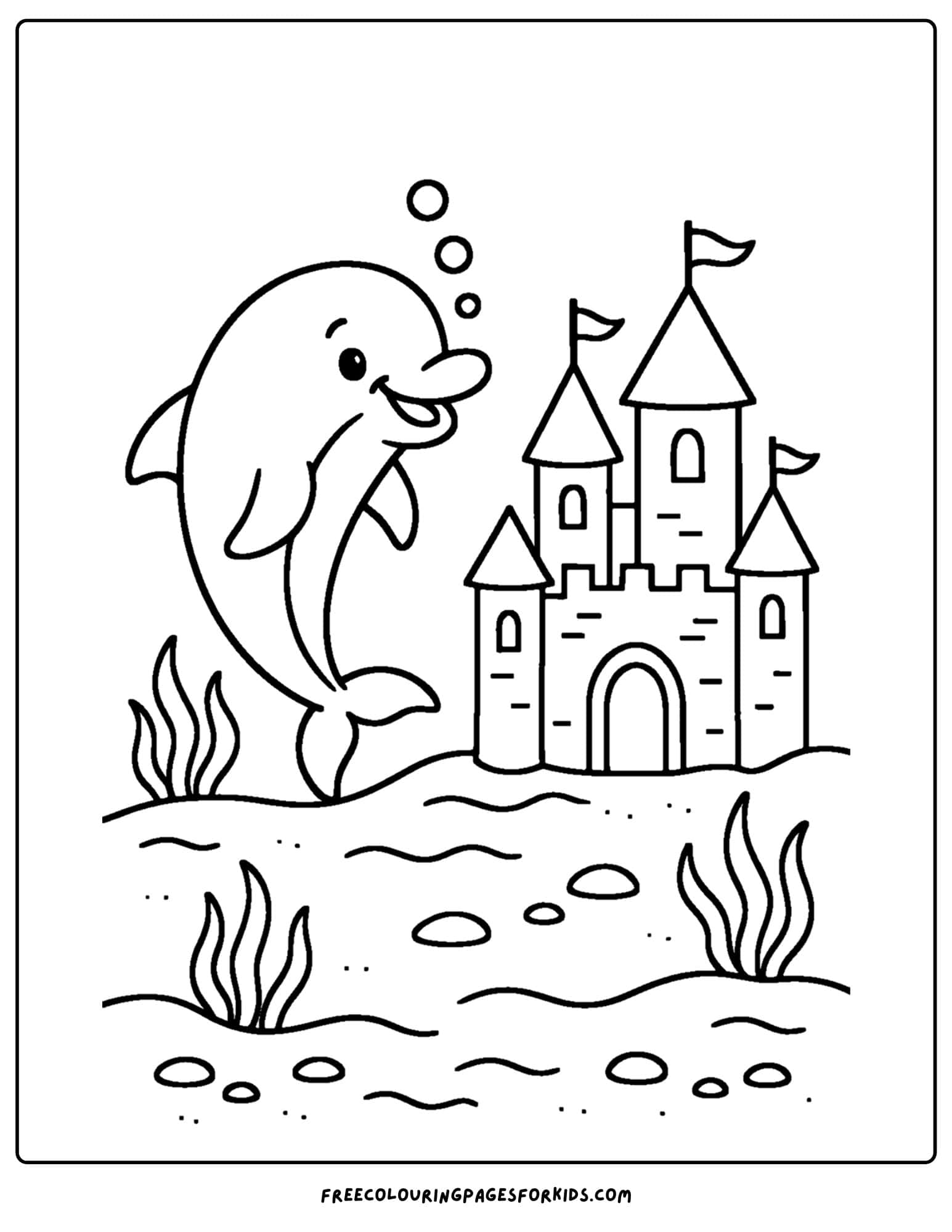 a dolphin coloring page featuring a dolphin discovering an underwater castle