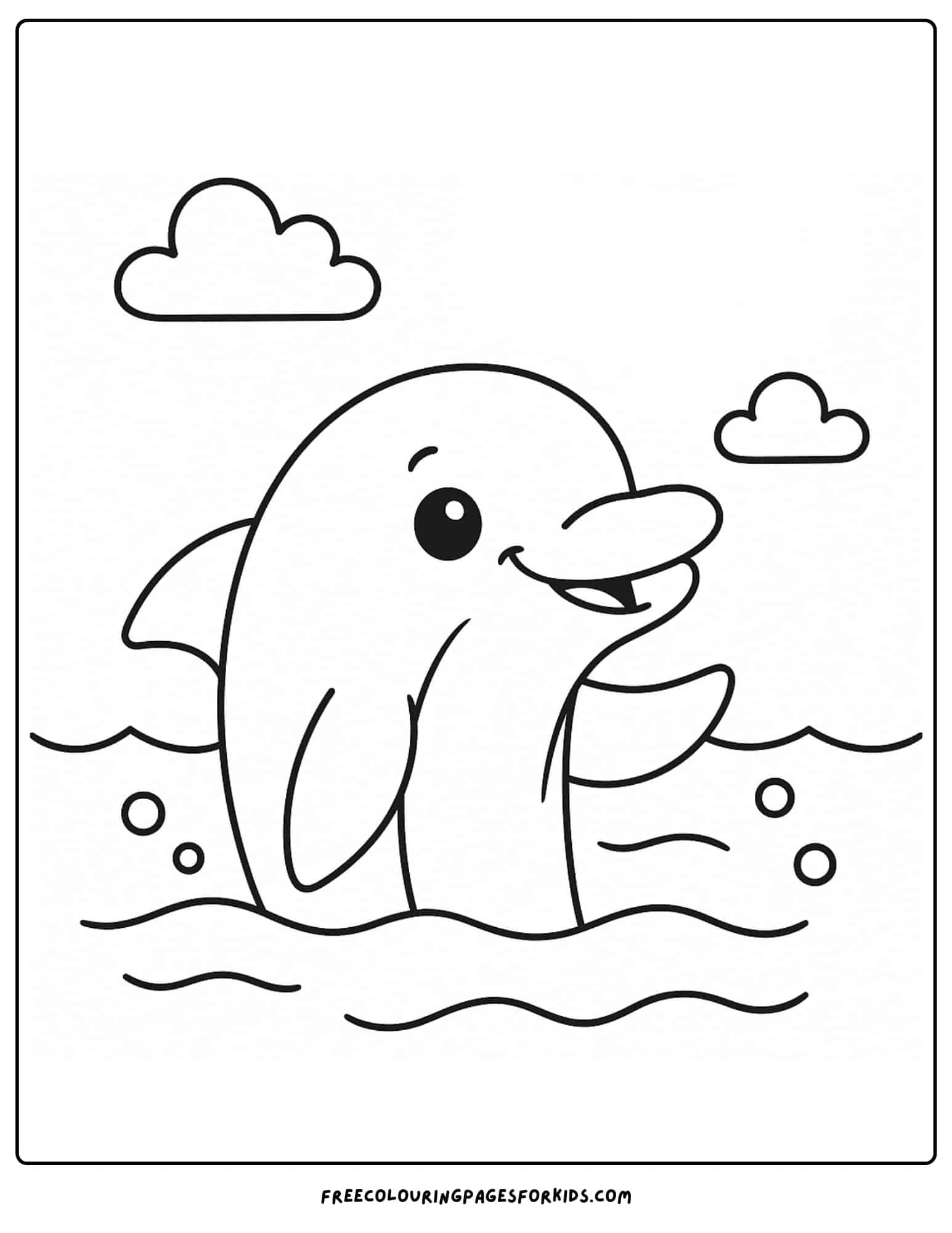 a dolphin coloring page featuring a dolphin popping out of the water to wave hello