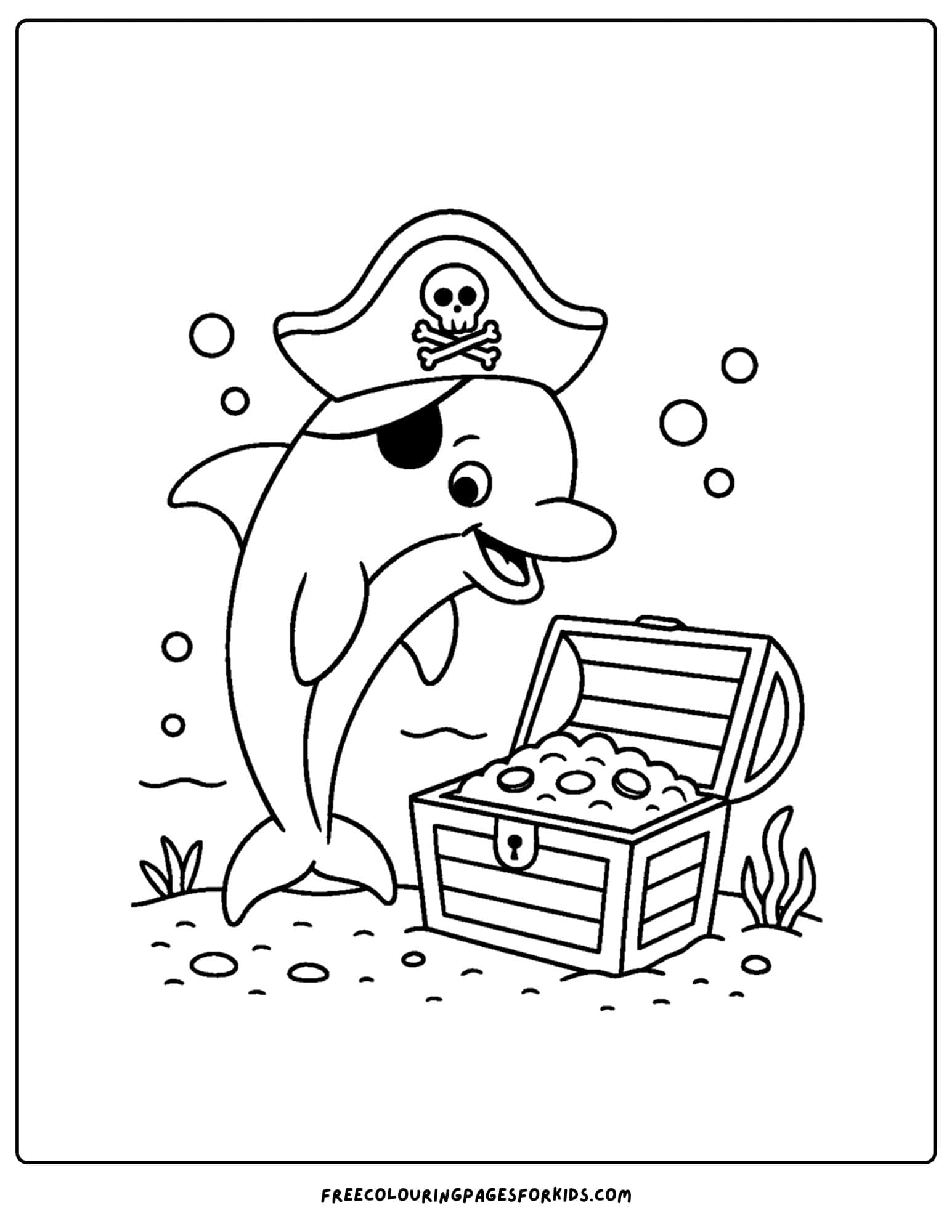 a dolphin coloring page featuring a dolphin wearing a pirate hat and opening a treasure chest