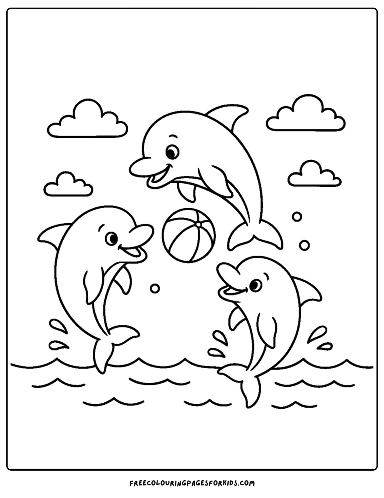 a dolphin coloring page featuring dolphins playing with a beach ball