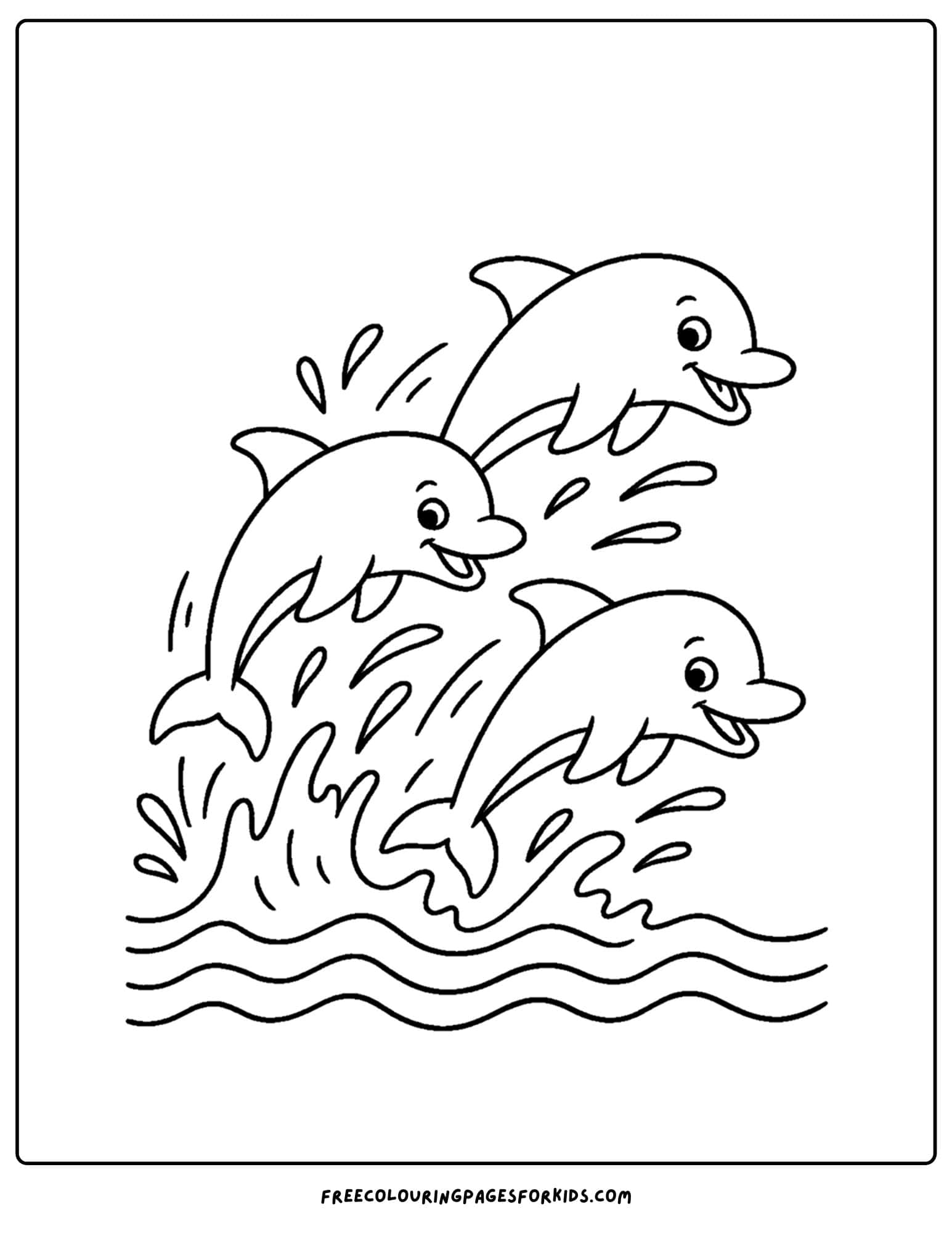 a dolphin coloring page featuring three dolphins racing through waves
