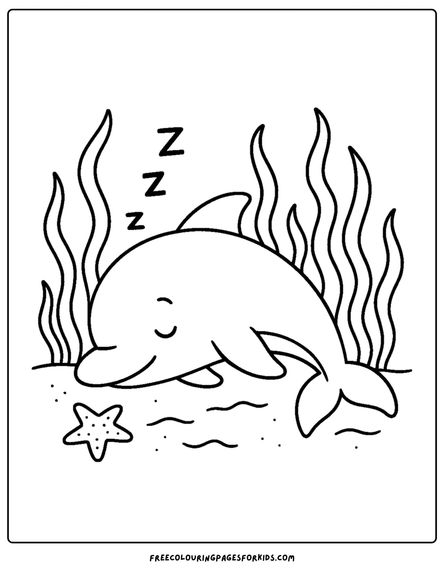 a dolphin coloring page featuring a dolphin sleeping in some kelp