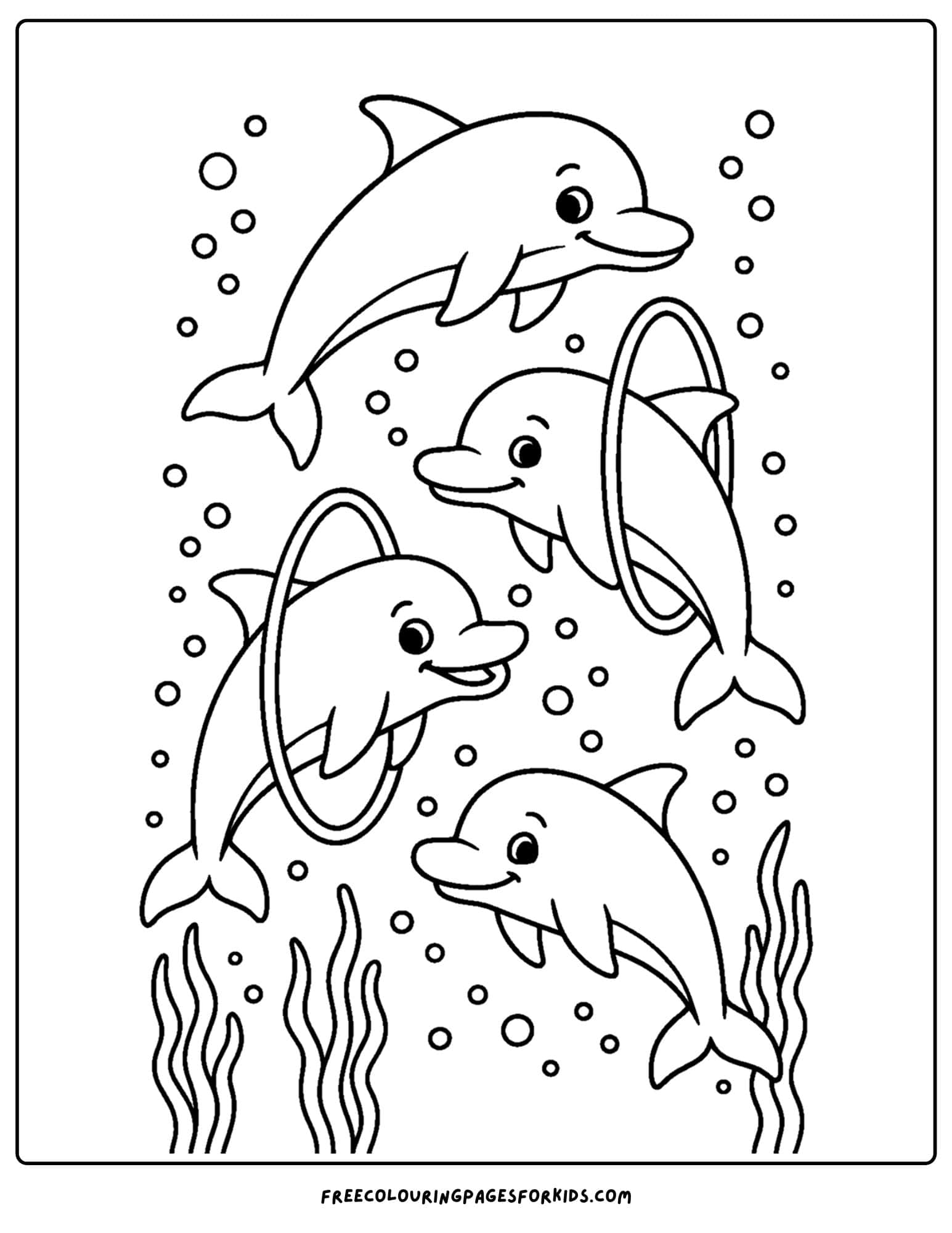 a dolphin coloring page featuring dolphins swimming through hoops