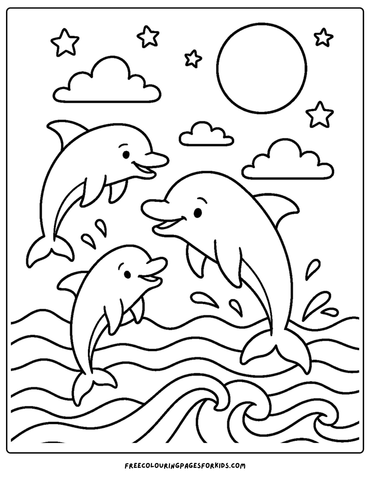 a dolphin coloring page featuring some dolphins swimming under the moon light