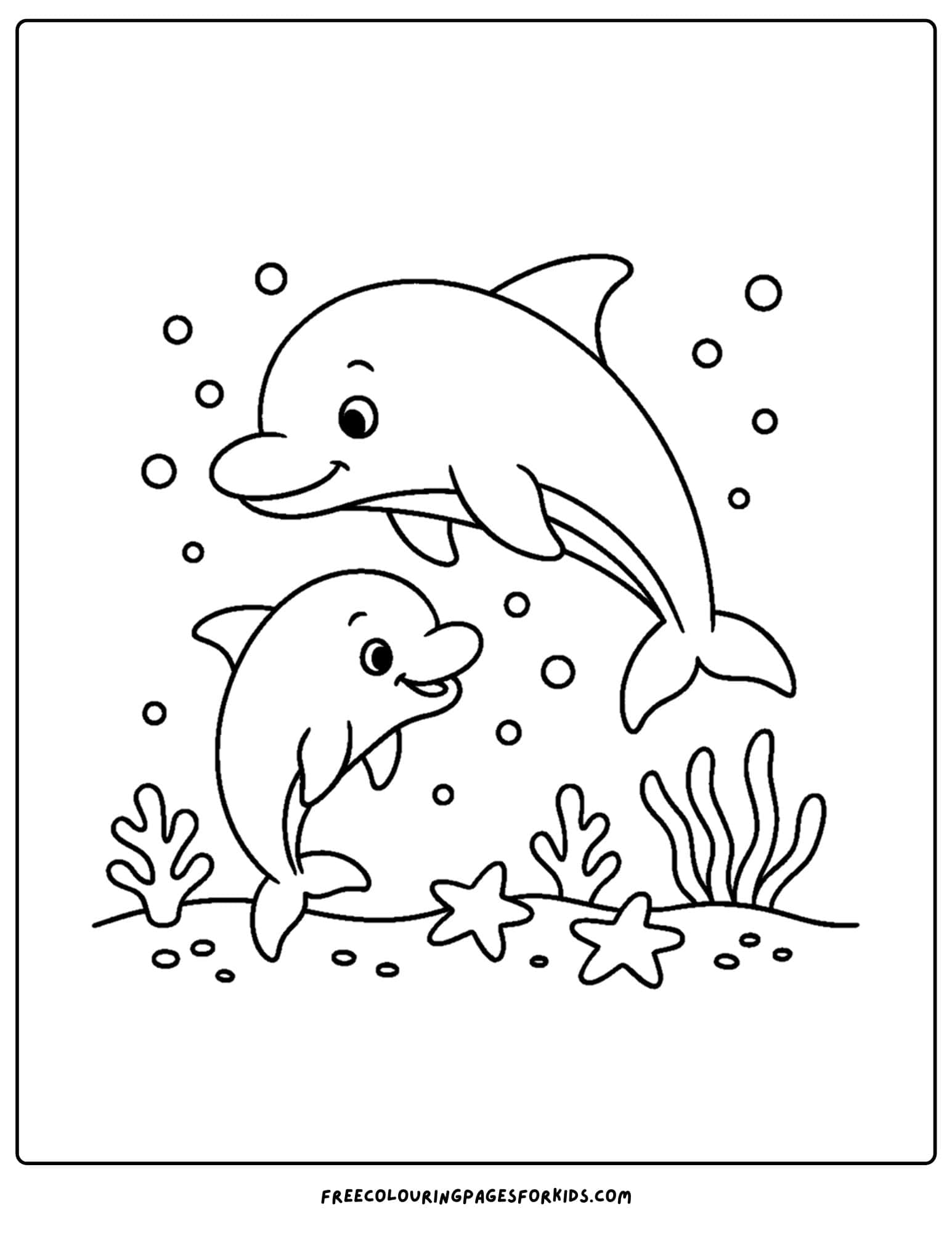 a dolphin coloring page featuring a dolphin swimming with its calf