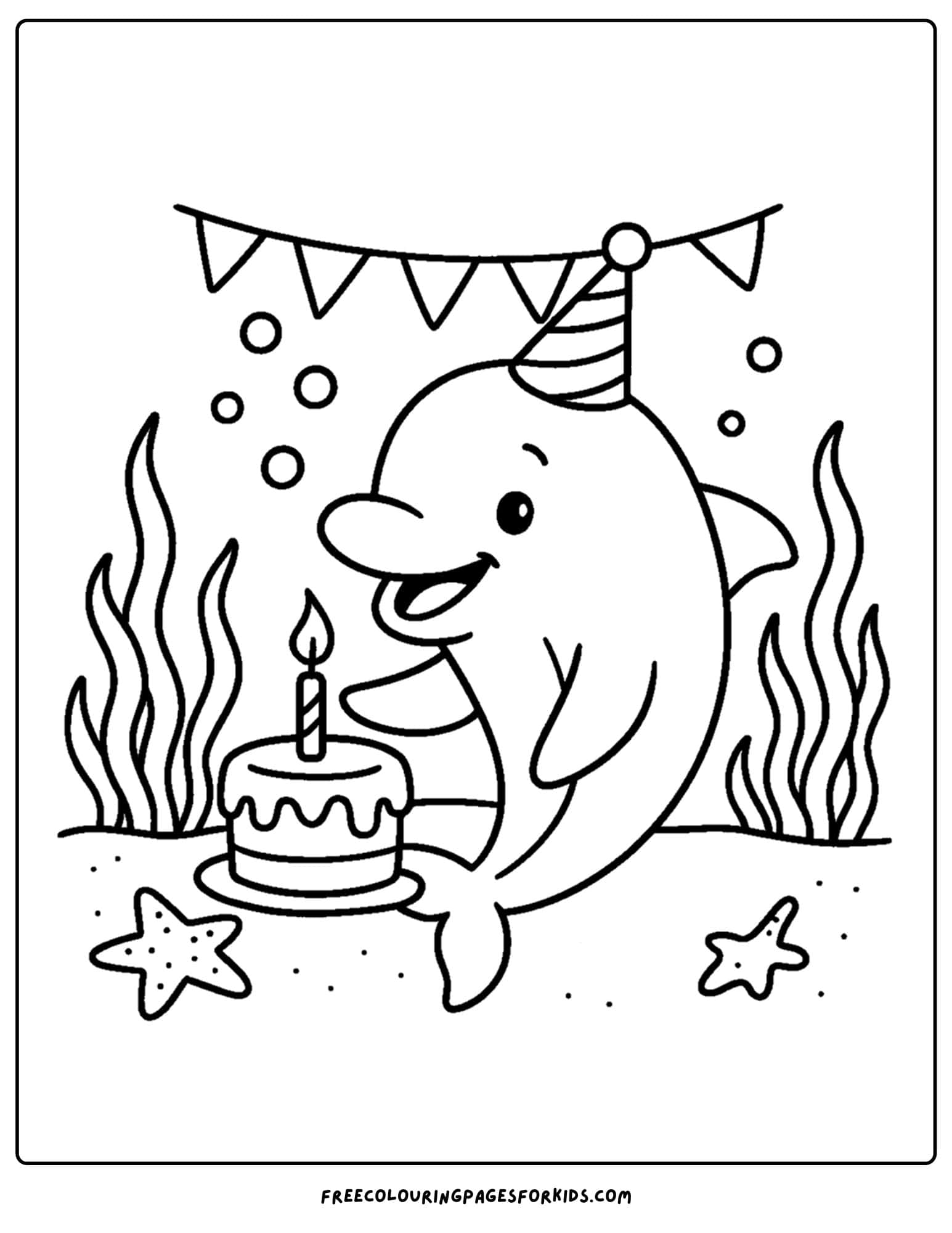 a dolphin coloring page featuring a dolphin having a birthday party