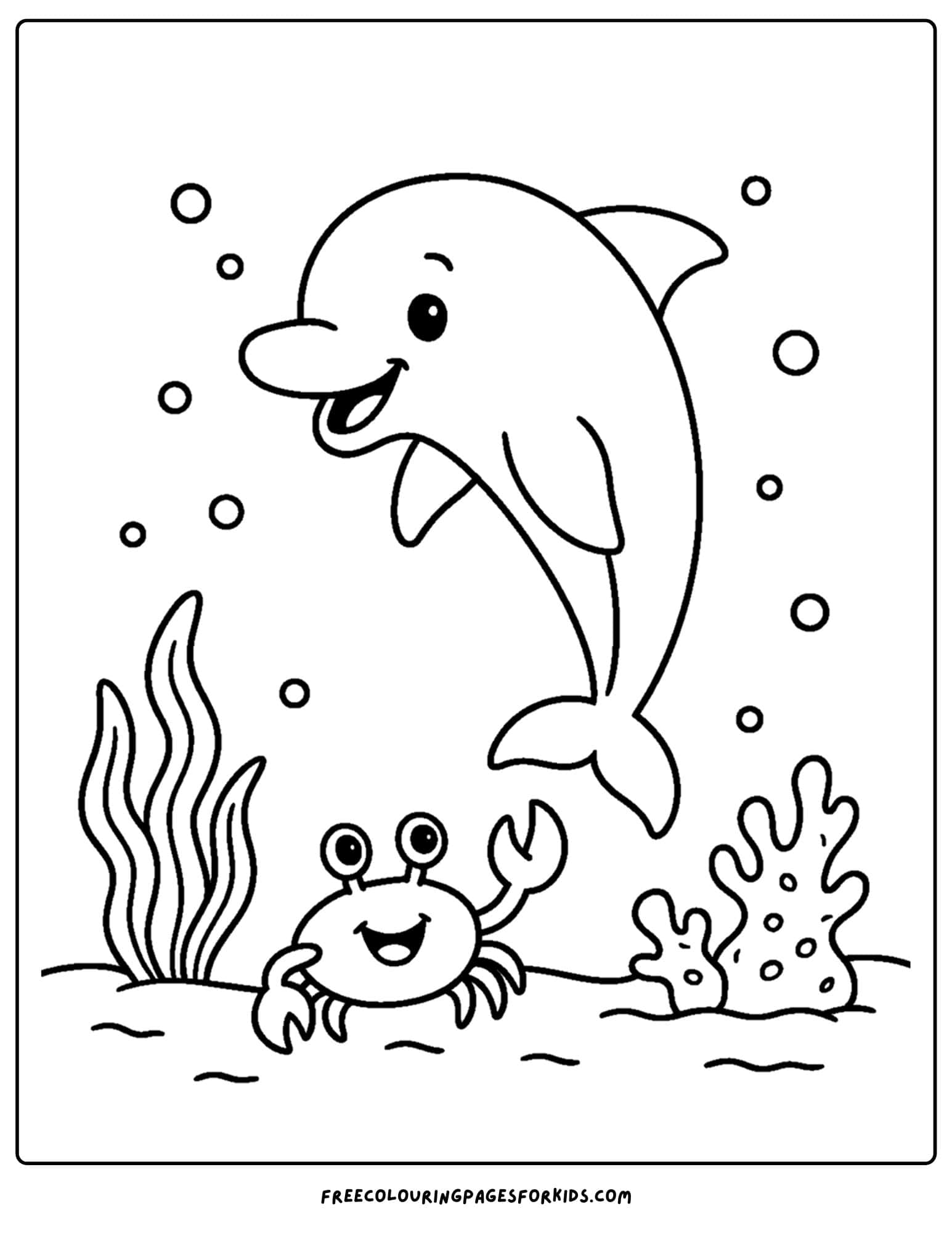 a dolphin coloring page featuring a dolphin waving to a crab