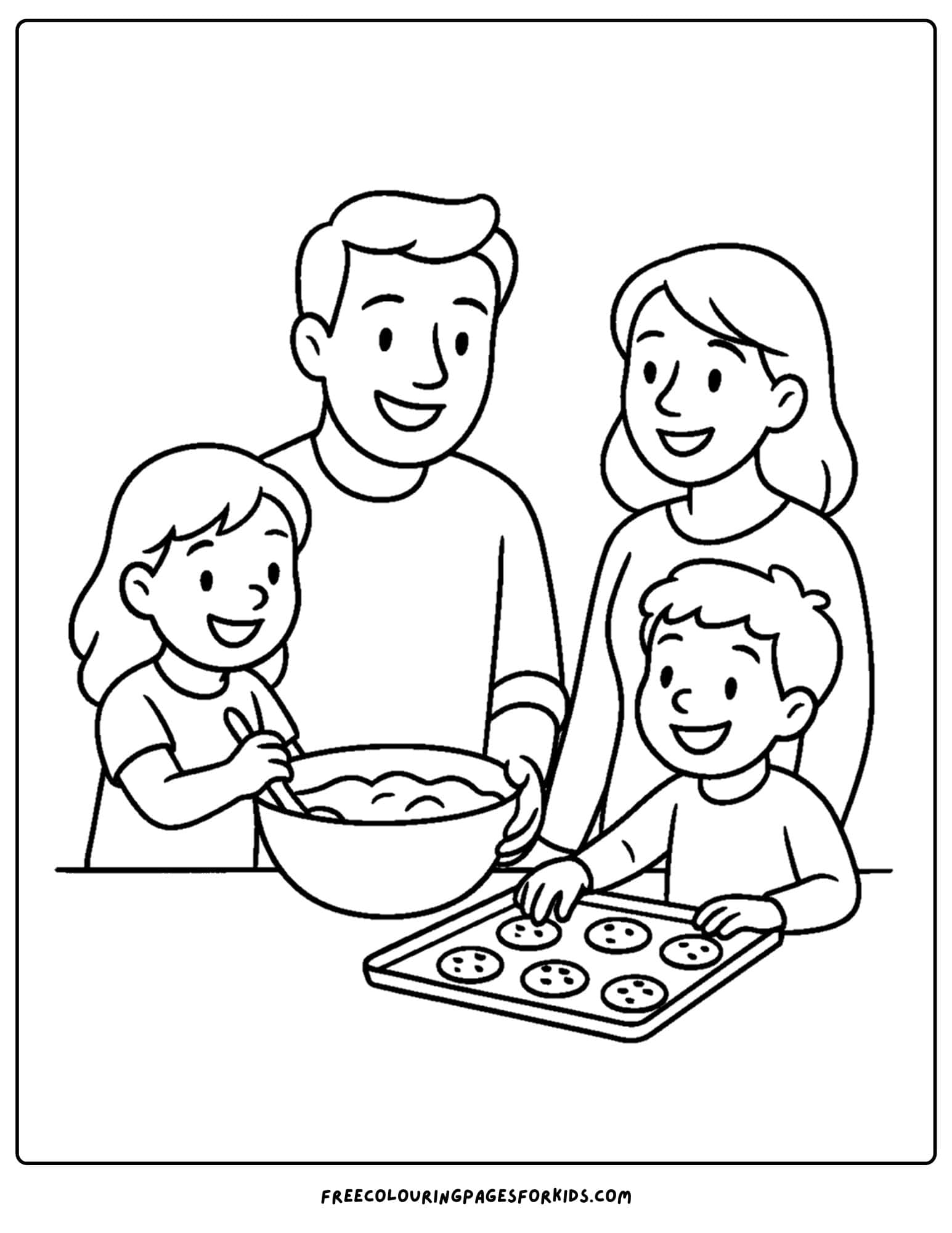 a family coloring page featuring a family baking cookies