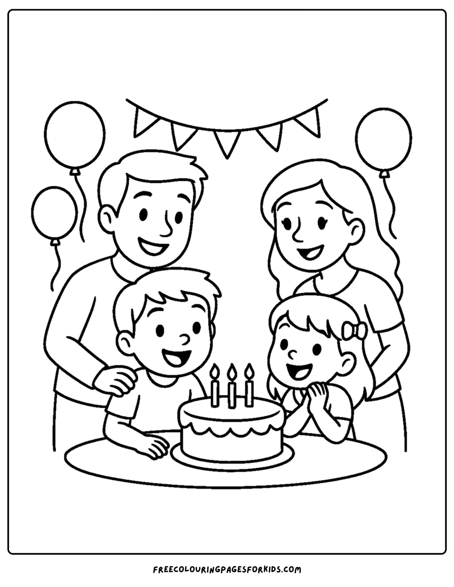 a family coloring page featuring a family celebrating a birthday