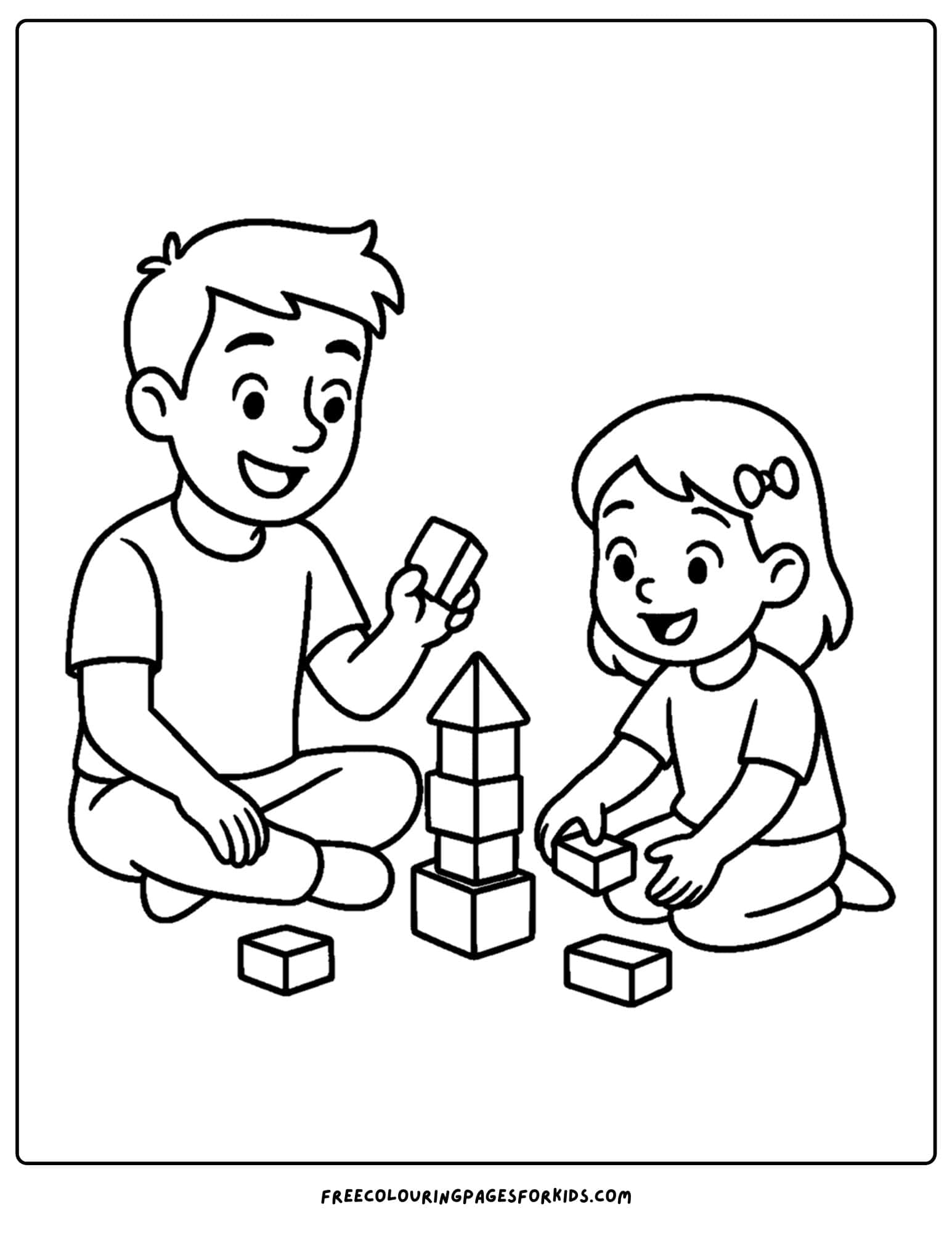 a family coloring page featuring a brother and baby sister stacking blocks