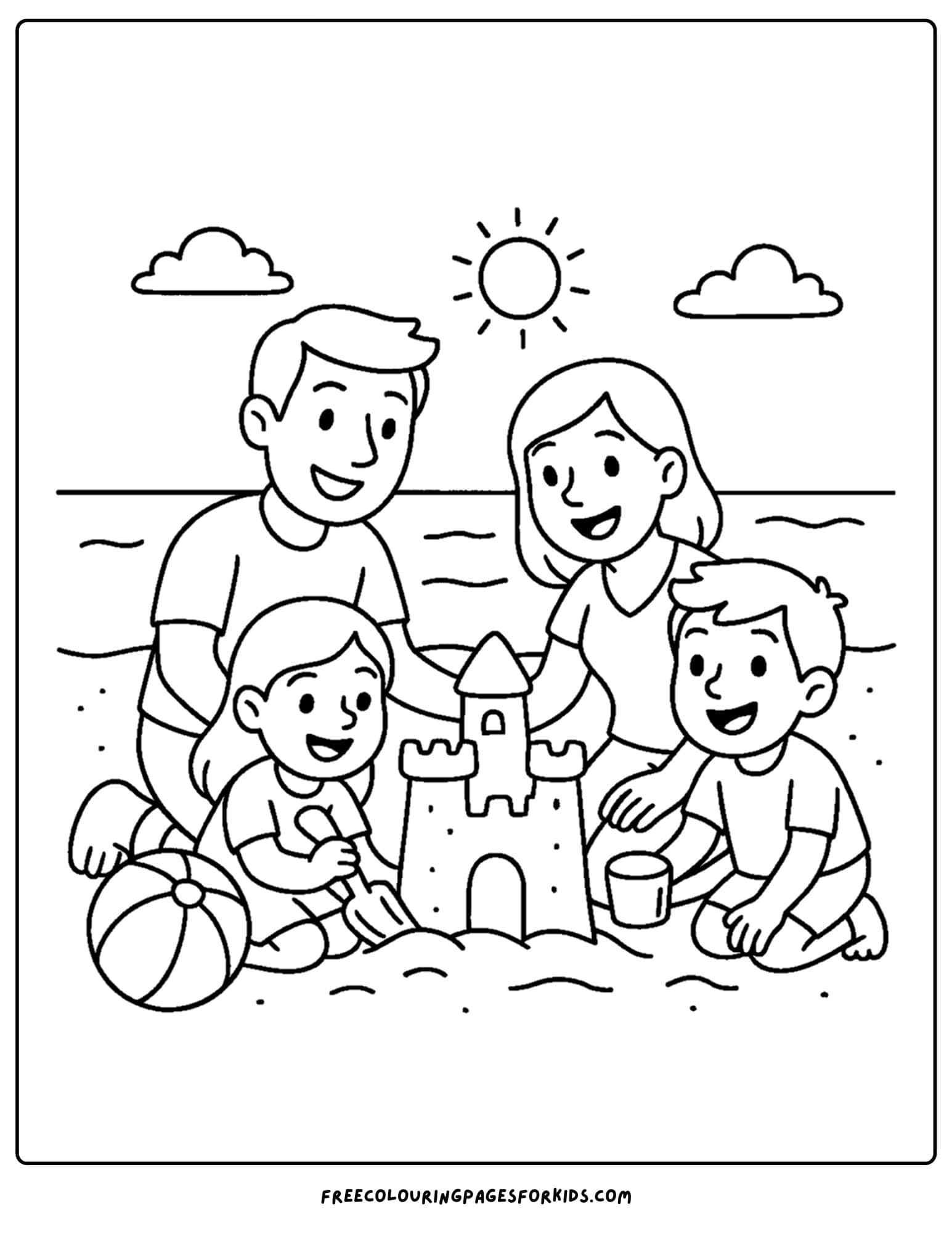 a family coloring page featuring a family day out at the beach