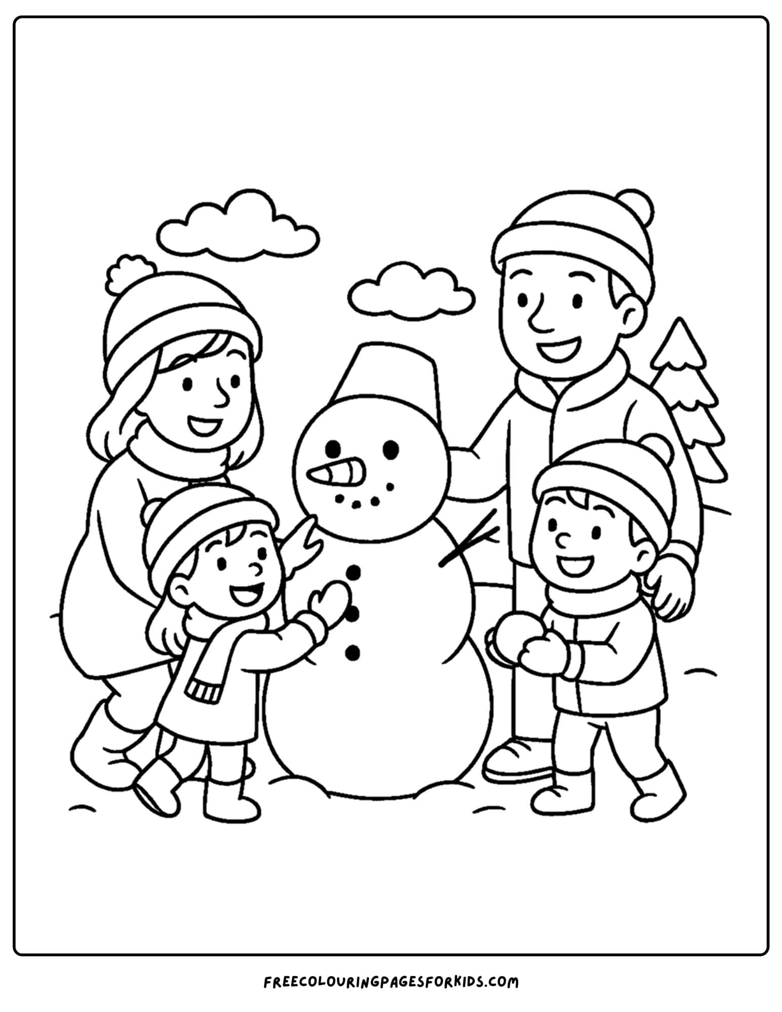 a family coloring page featuring a family making a snowman
