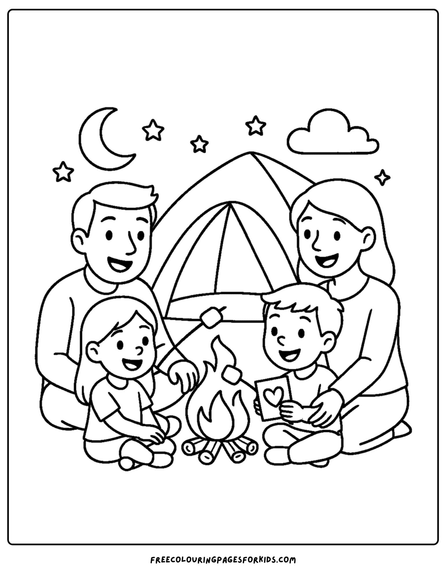 a family coloring page featuring a family out camping at night