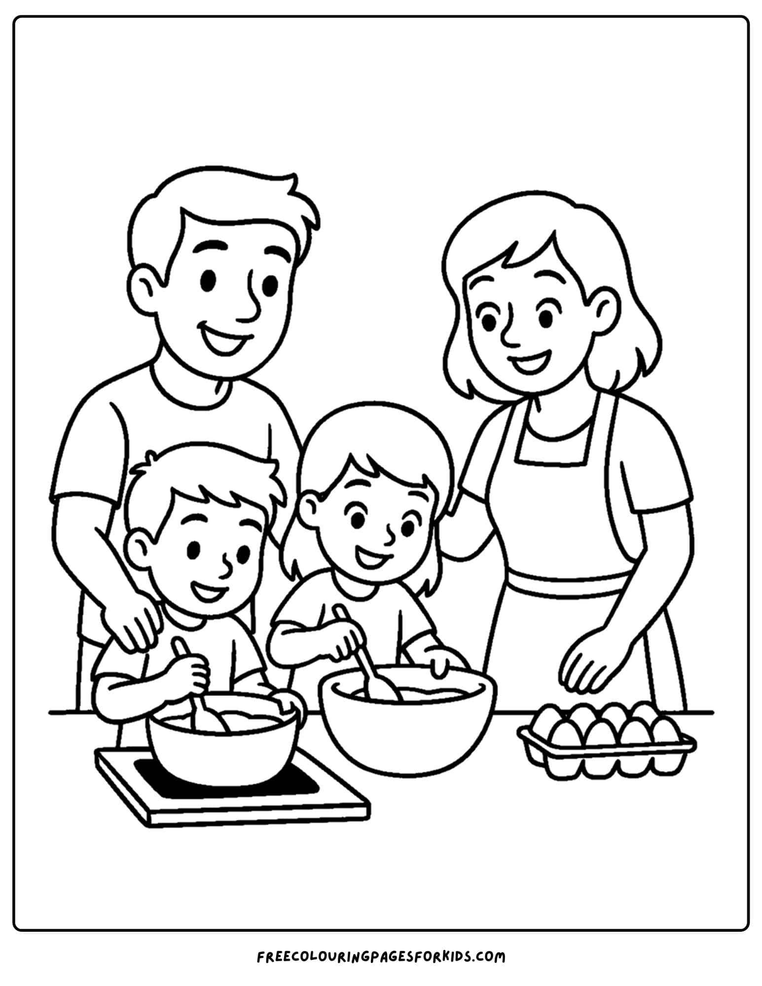 a family coloring page featuring a family baking a cake