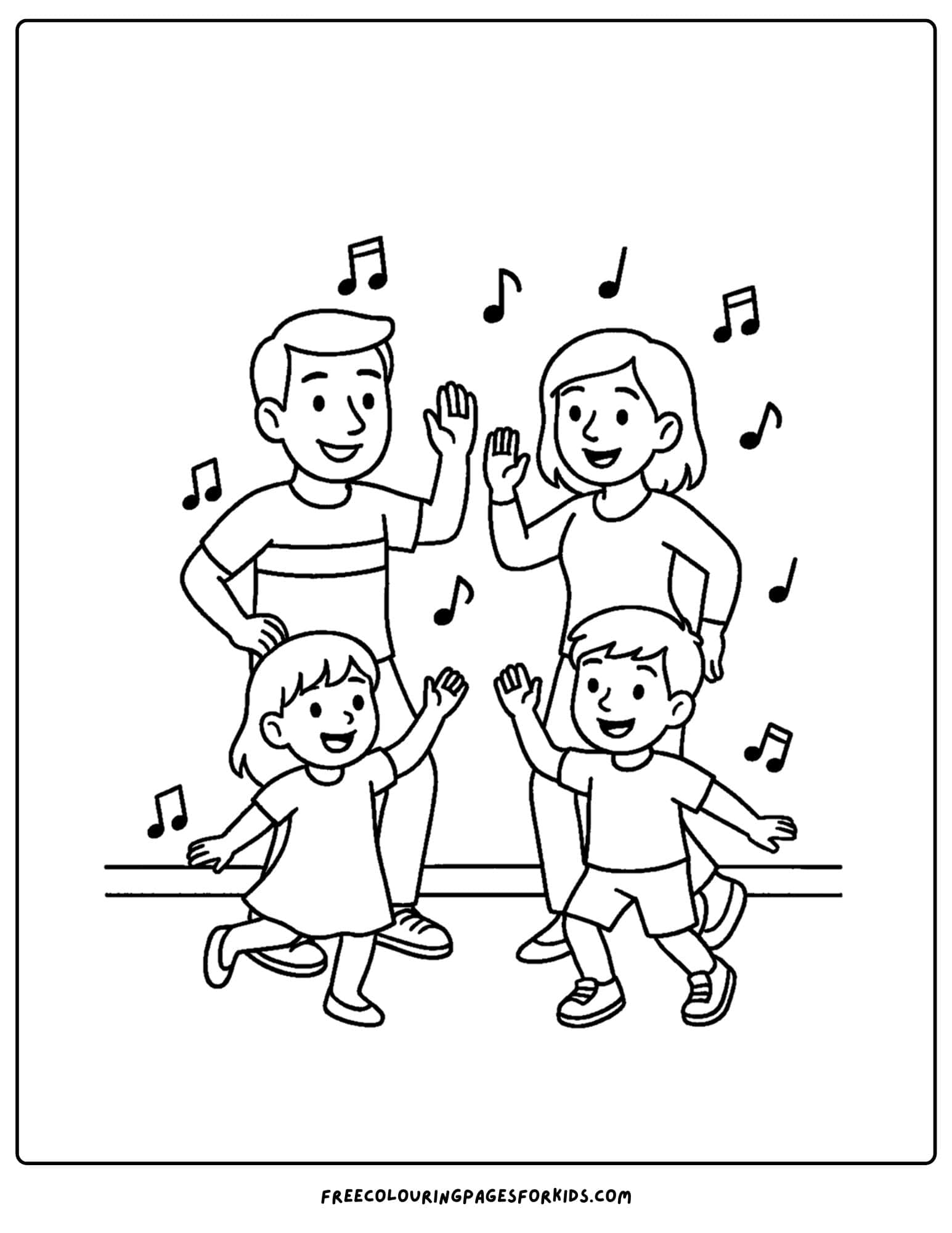 a family coloring page featuring a family dancing together